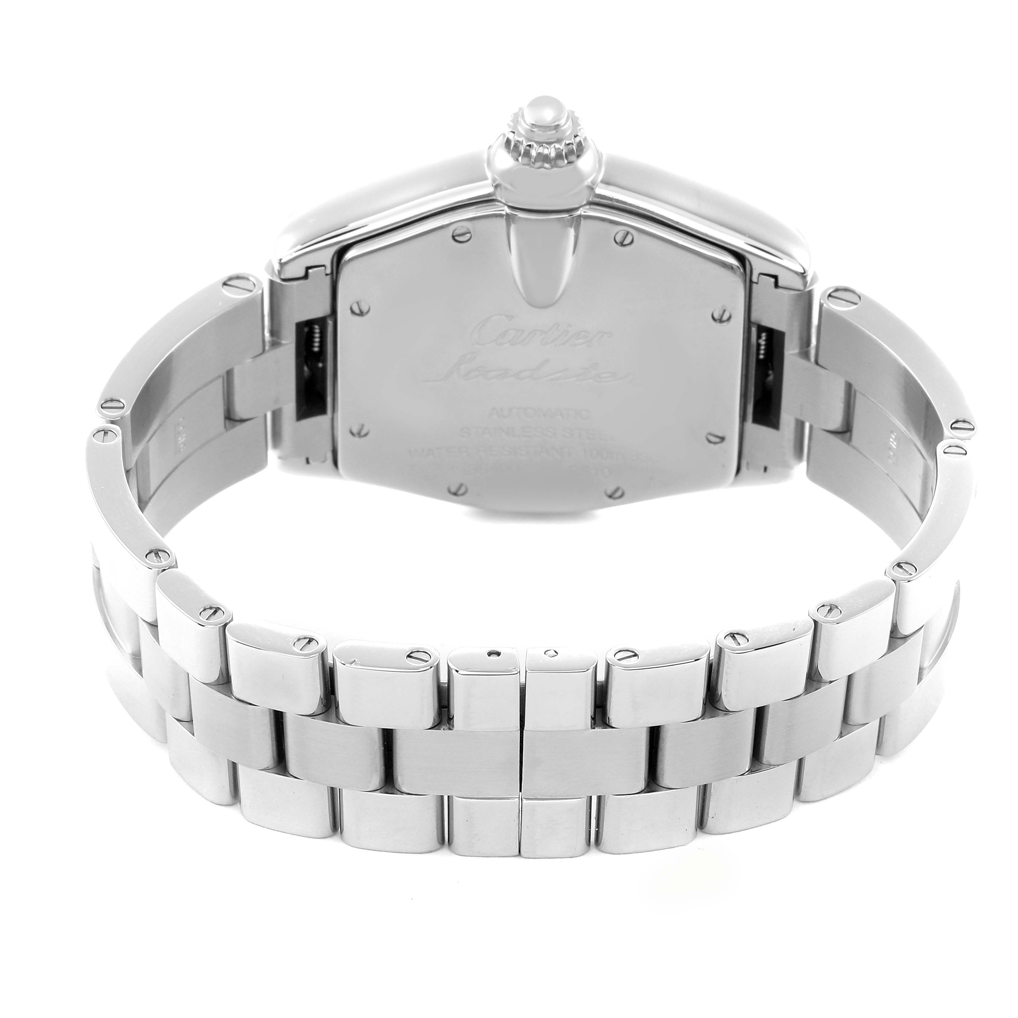 The image shows the back and bracelet of a Cartier Roadster W62001V3 Men
s Stainless Steel Grey Dial W62001V3 Men
s Stainless Steel Grey Dial watch, focusing on the stainless steel case back and links.