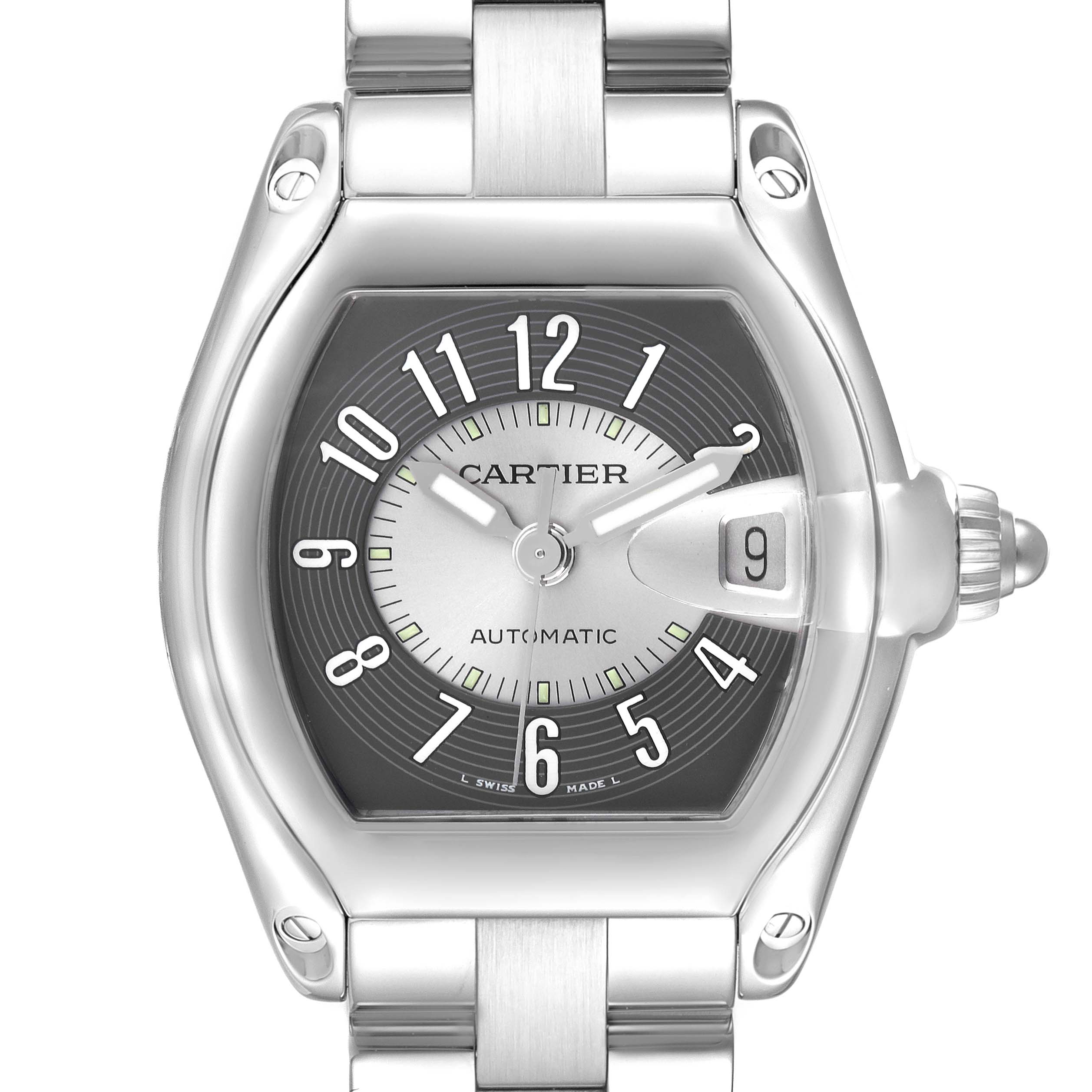 The Cartier Roadster W62001V3 Men
s Stainless Steel Grey Dial W62001V3 Men
s Stainless Steel Grey Dial watch is shown from a top-down angle, highlighting the silver dial, case, and bracelet.
