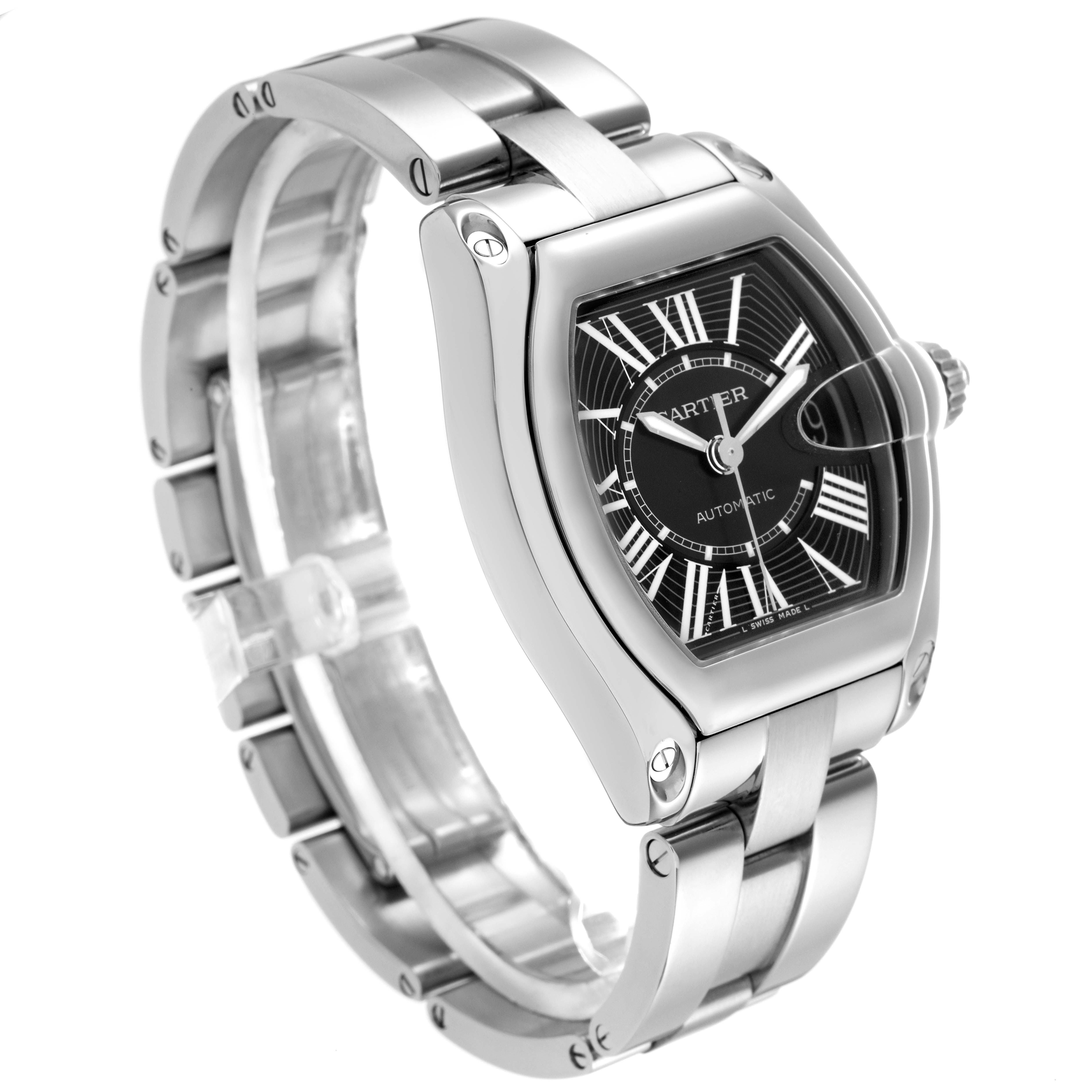 The Cartier Roadster W62041V3 Men
s Stainless Steel Black Dial W62041V3 Men
s Stainless Steel Black Dial watch is shown at a three-quarter angle, highlighting its metal strap, case, dial, and crown.