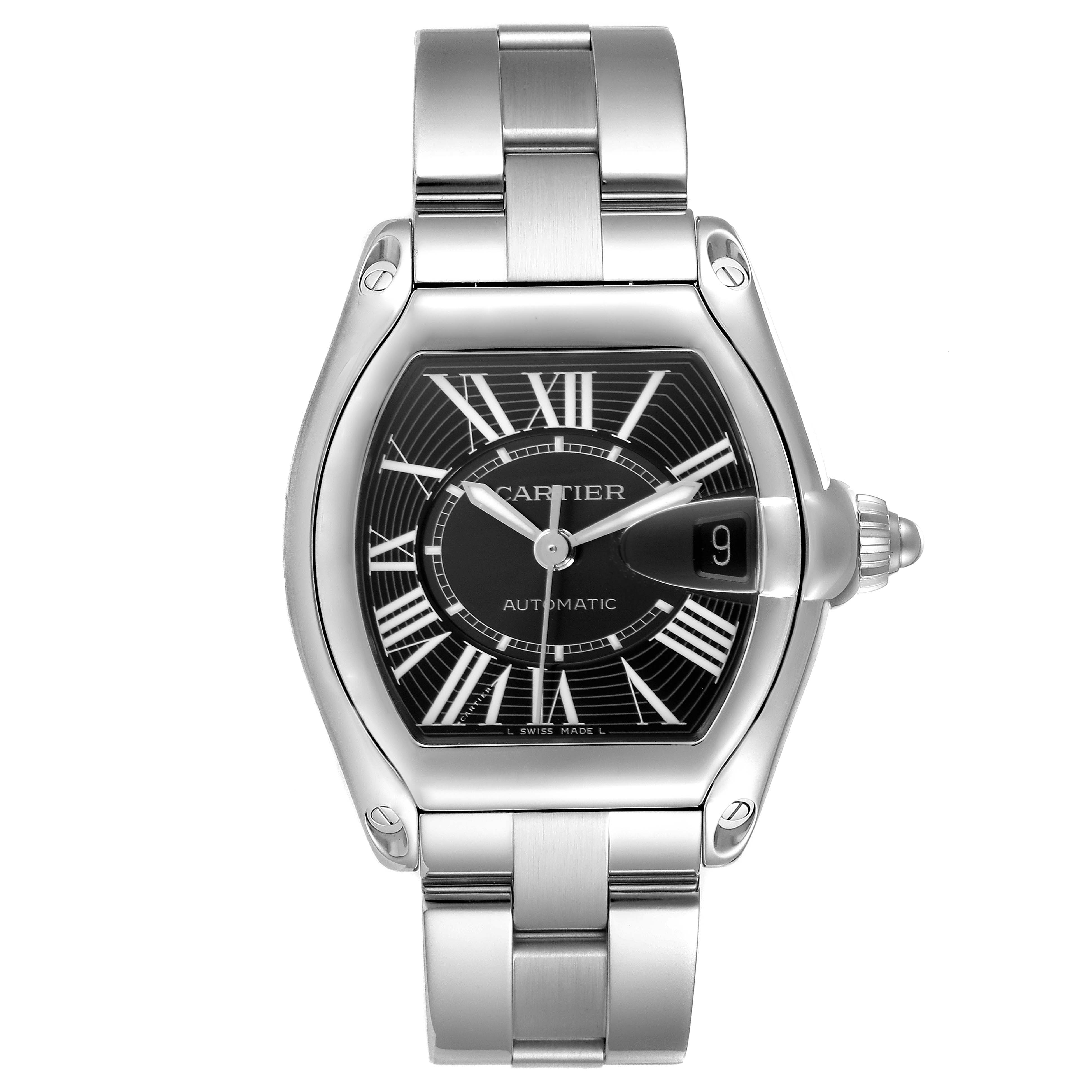 The Cartier Roadster W62041V3 Men
s Stainless Steel Black Dial W62041V3 Men
s Stainless Steel Black Dial watch is shown from a top-down angle, displaying the face, case, and part of the bracelet.