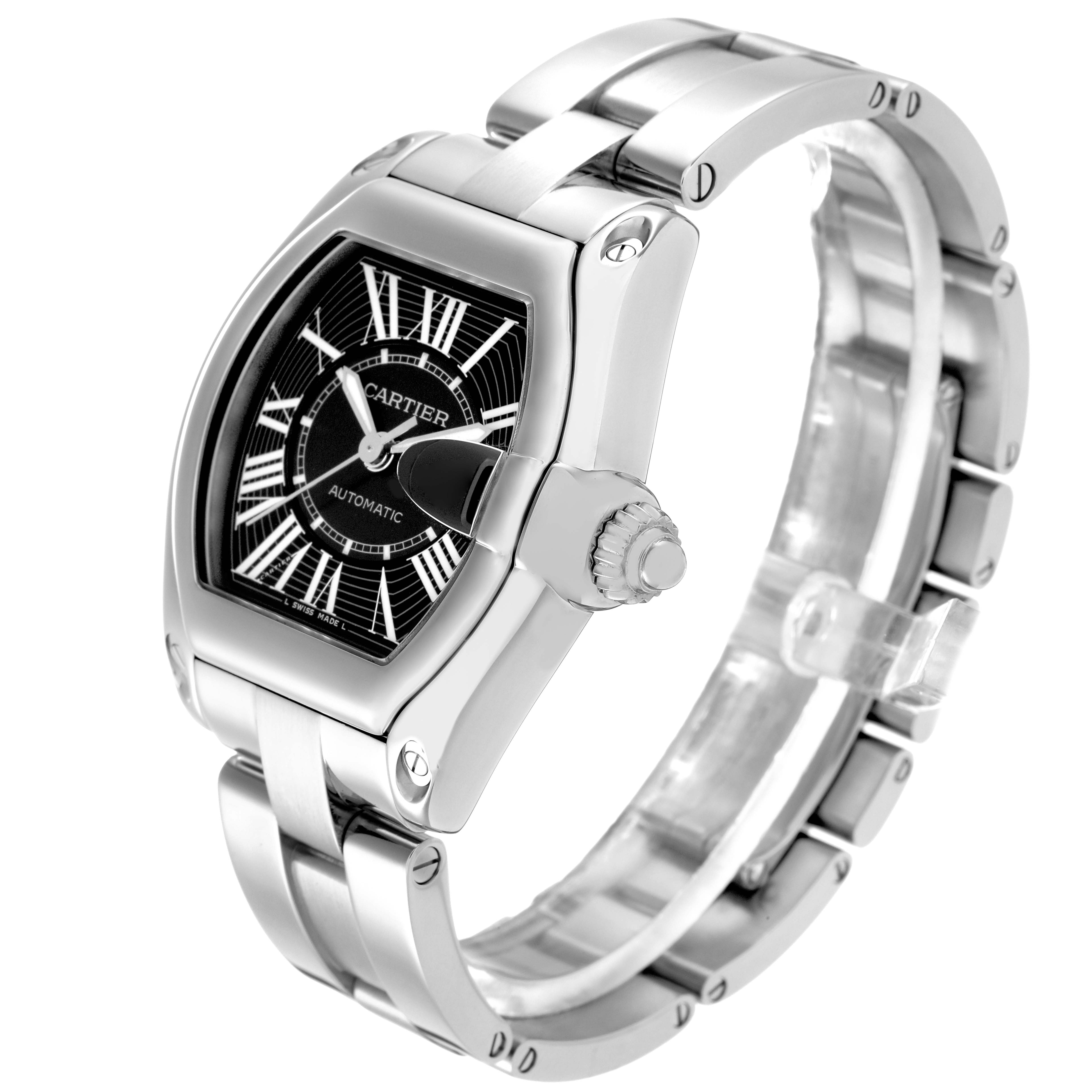 The Cartier Roadster W62041V3 Men
s Stainless Steel Black Dial W62041V3 Men
s Stainless Steel Black Dial watch is shown at an angle displaying the face, crown, and bracelet.