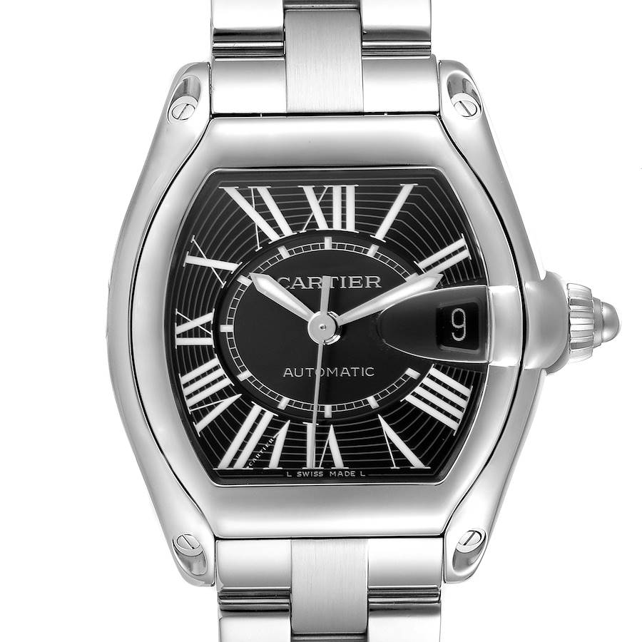 The Cartier Roadster watch is shown from a front angle, featuring the dial, case, crown, and part of the bracelet.