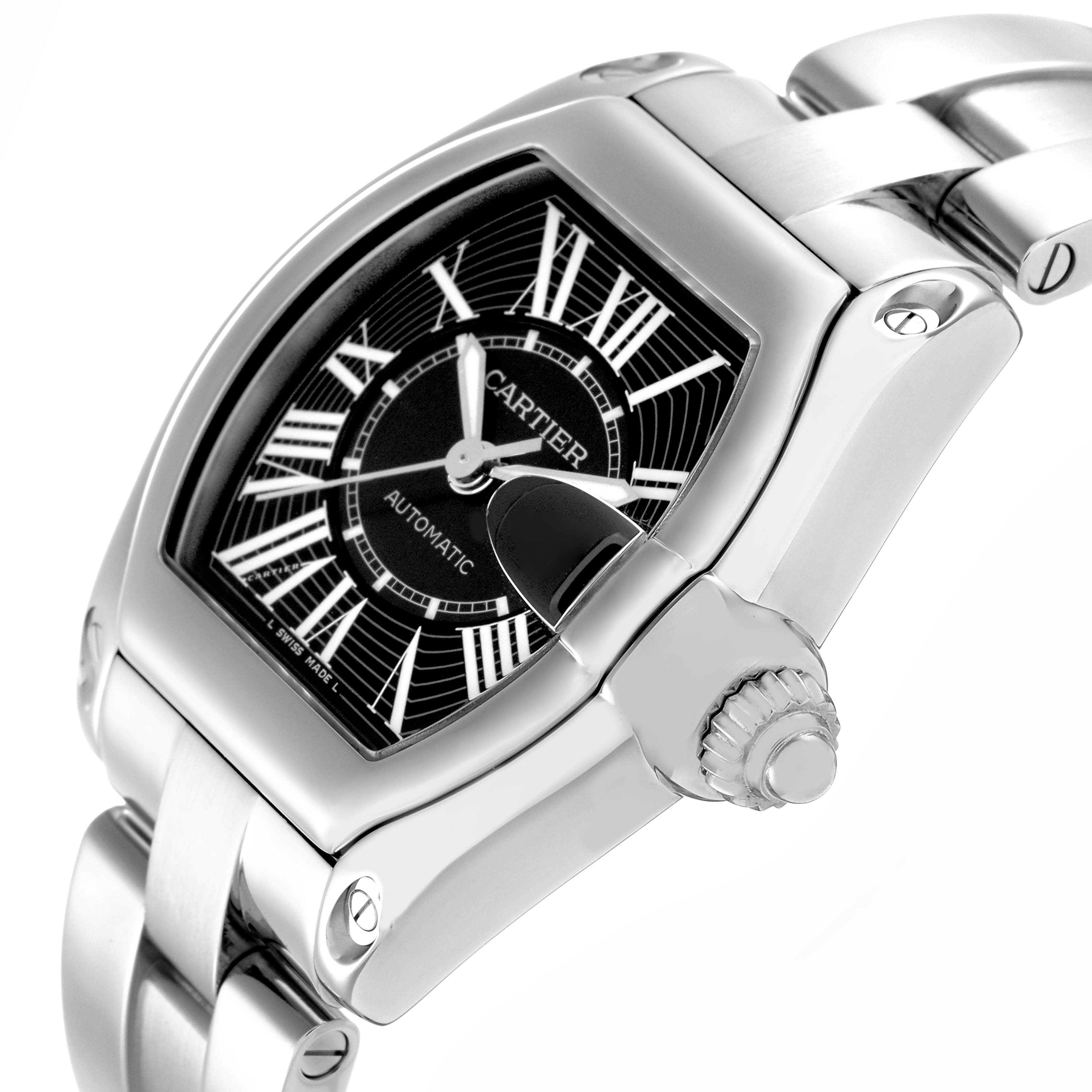 The Cartier Roadster W62041V3 Men
s Stainless Steel Black Dial W62041V3 Men
s Stainless Steel Black Dial watch is shown at an angle highlighting its face, case, crown, and part of the bracelet.