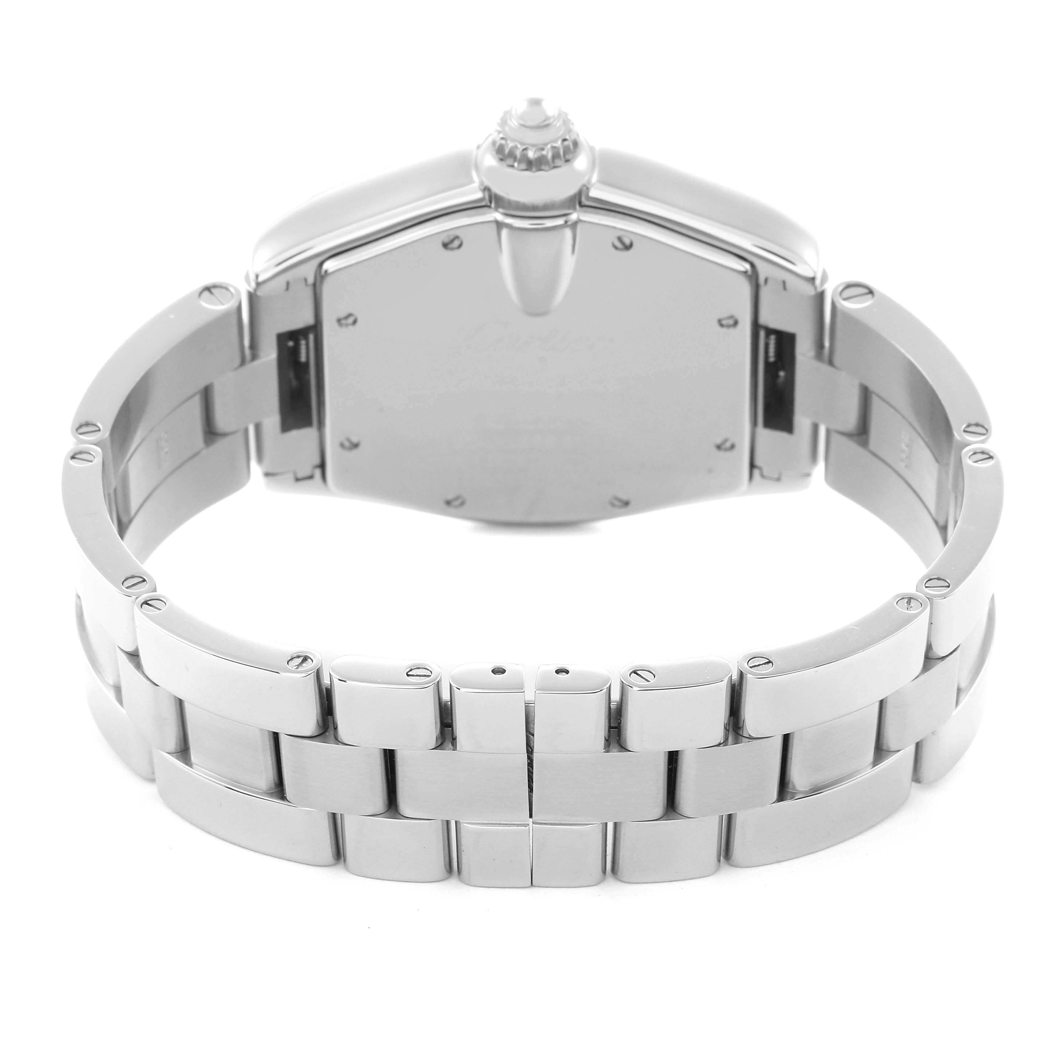 The image shows the back view of a Cartier Roadster W62041V3 Men
s Stainless Steel Black Dial W62041V3 Men
s Stainless Steel Black Dial model, focusing on its clasp and metal bracelet.