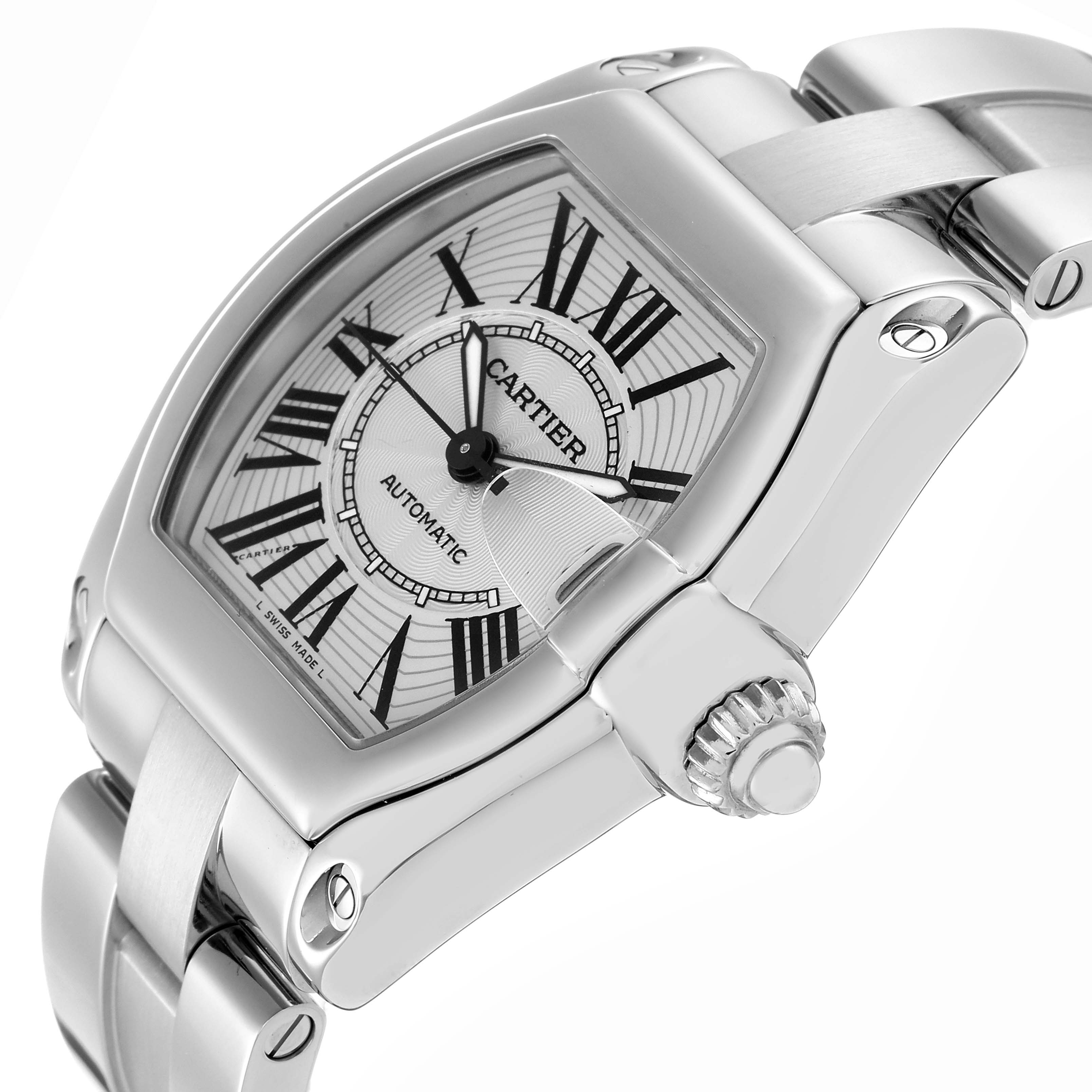 The Cartier Roadster W62025V3 Men
s Stainless Steel Silver Dial W62025V3 Men
s Stainless Steel Silver Dial watch is shown from an angled close-up, highlighting the face, crown, and part of the bracelet.