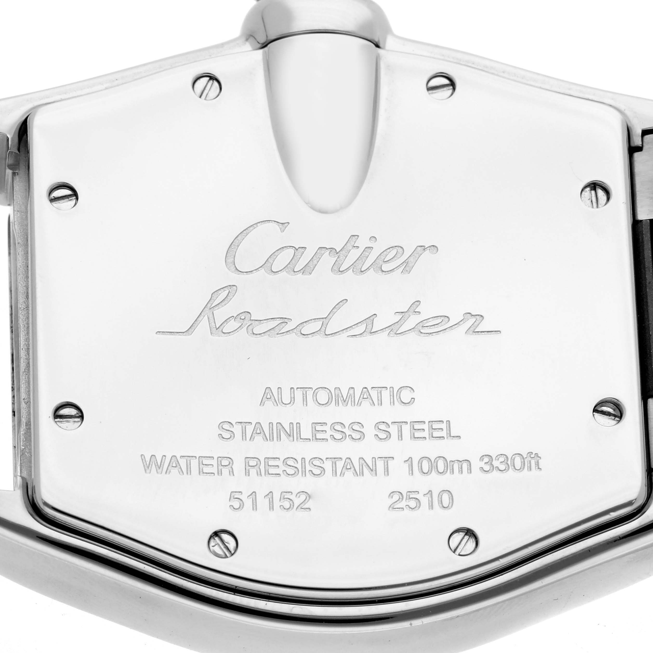 The image shows the back of a Cartier Roadster W62025V3 Men
s Stainless Steel Silver Dial W62025V3 Men
s Stainless Steel Silver Dial watch, highlighting the case with engravings.