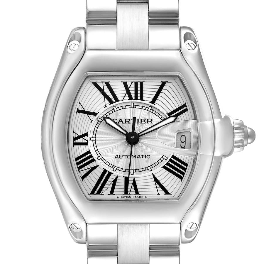 The image shows a Cartier Roadster watch from a front view, highlighting the dial, case, crown, and part of the bracelet.