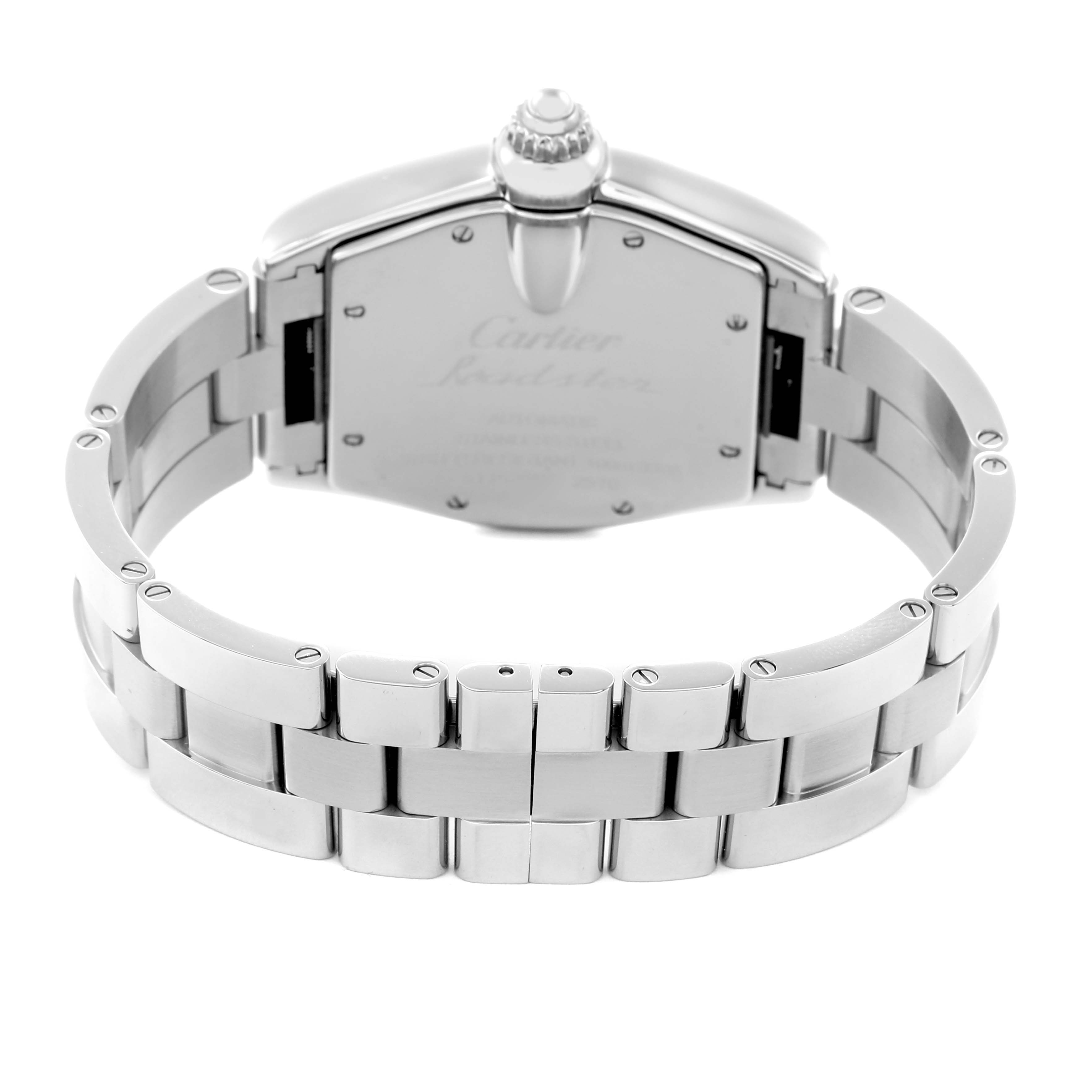 The image shows the back view of a Cartier Roadster W62025V3 Men
s Stainless Steel Silver Dial W62025V3 Men
s Stainless Steel Silver Dial watch, highlighting the bracelet and case back.