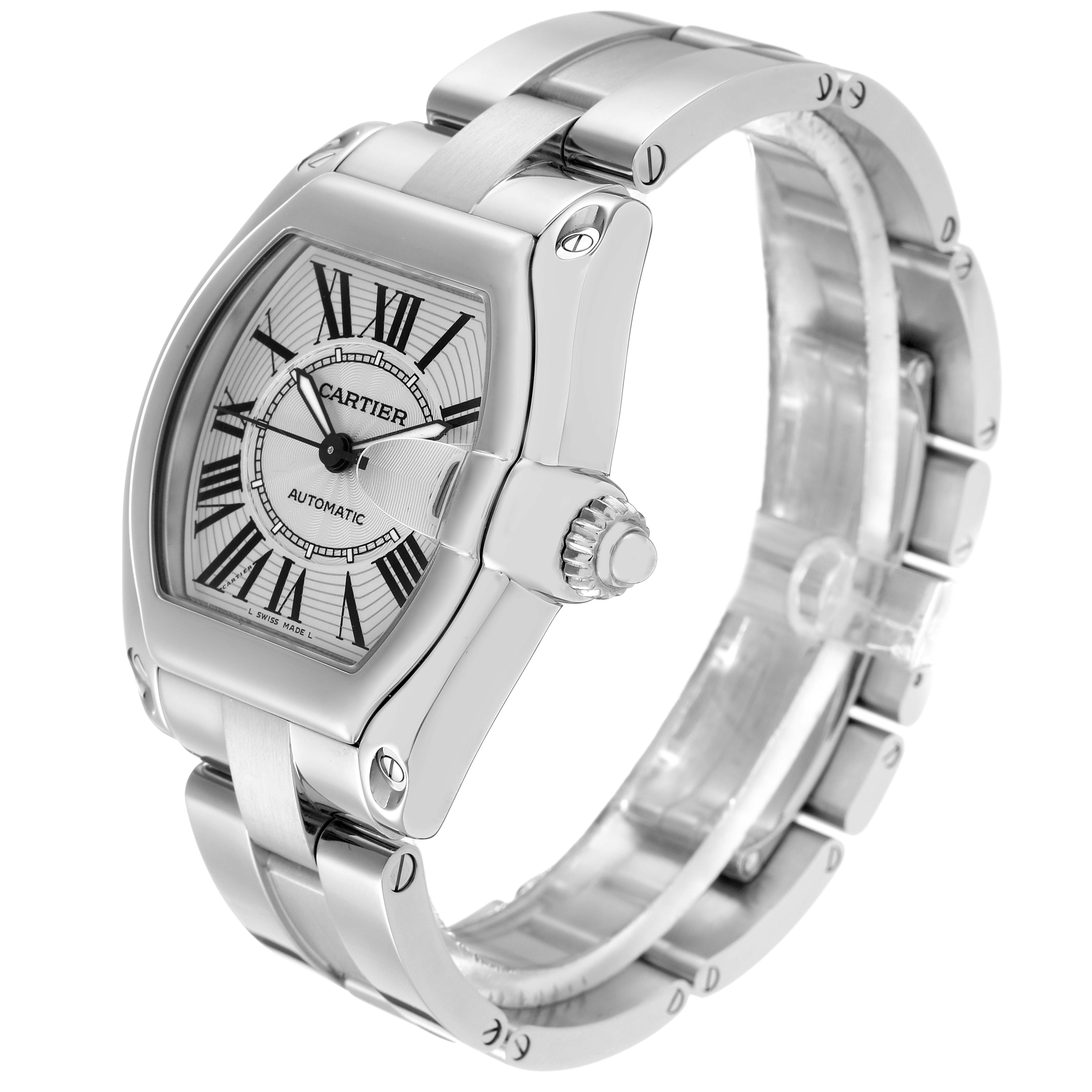 The Cartier Roadster W62025V3 Men
s Stainless Steel Silver Dial W62025V3 Men
s Stainless Steel Silver Dial watch is shown from a three-quarter angle, highlighting the face, crown, and bracelet.