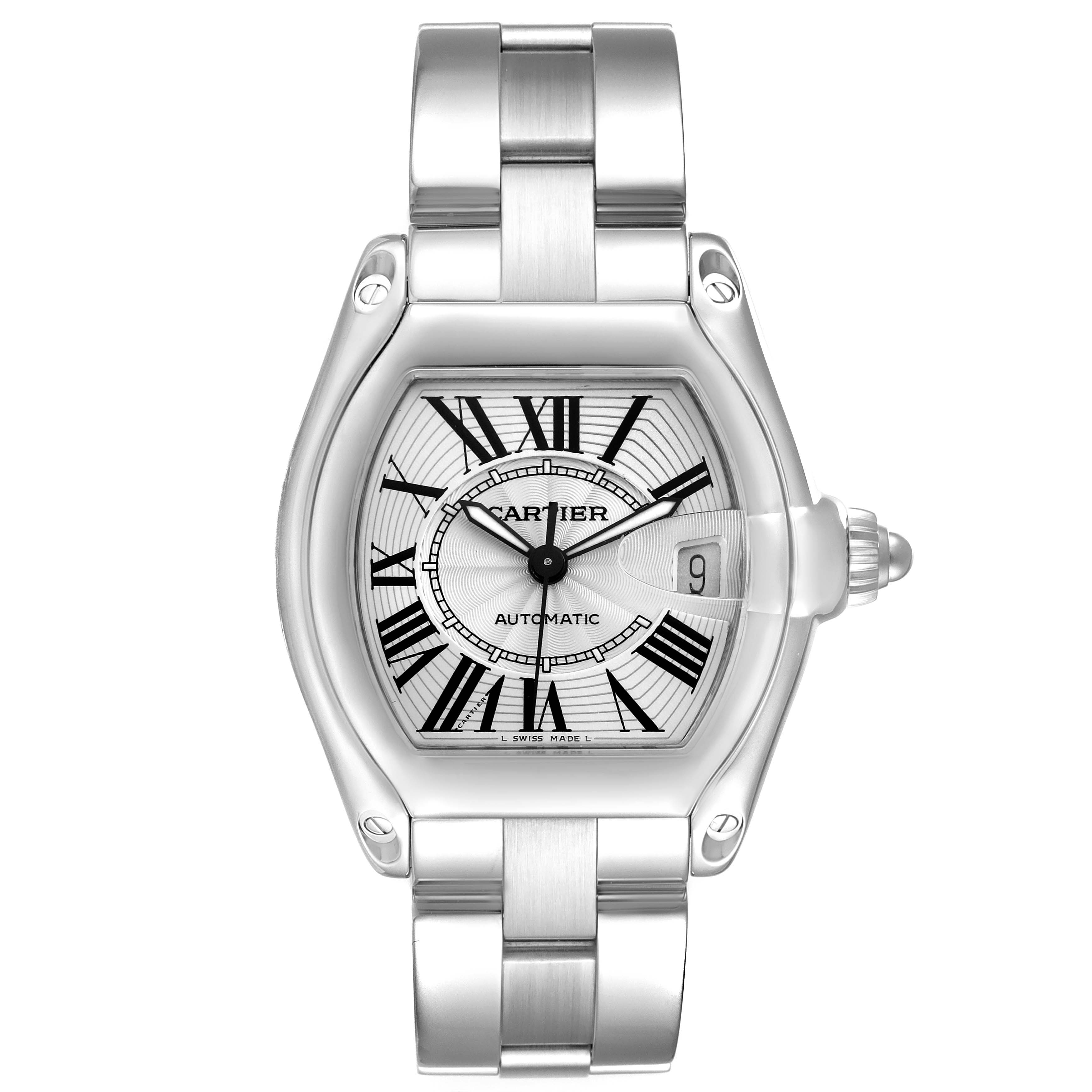 The Cartier Roadster W62025V3 Men
s Stainless Steel Silver Dial W62025V3 Men
s Stainless Steel Silver Dial watch is shown from a top-down angle, displaying the face, bezel, and bracelet.