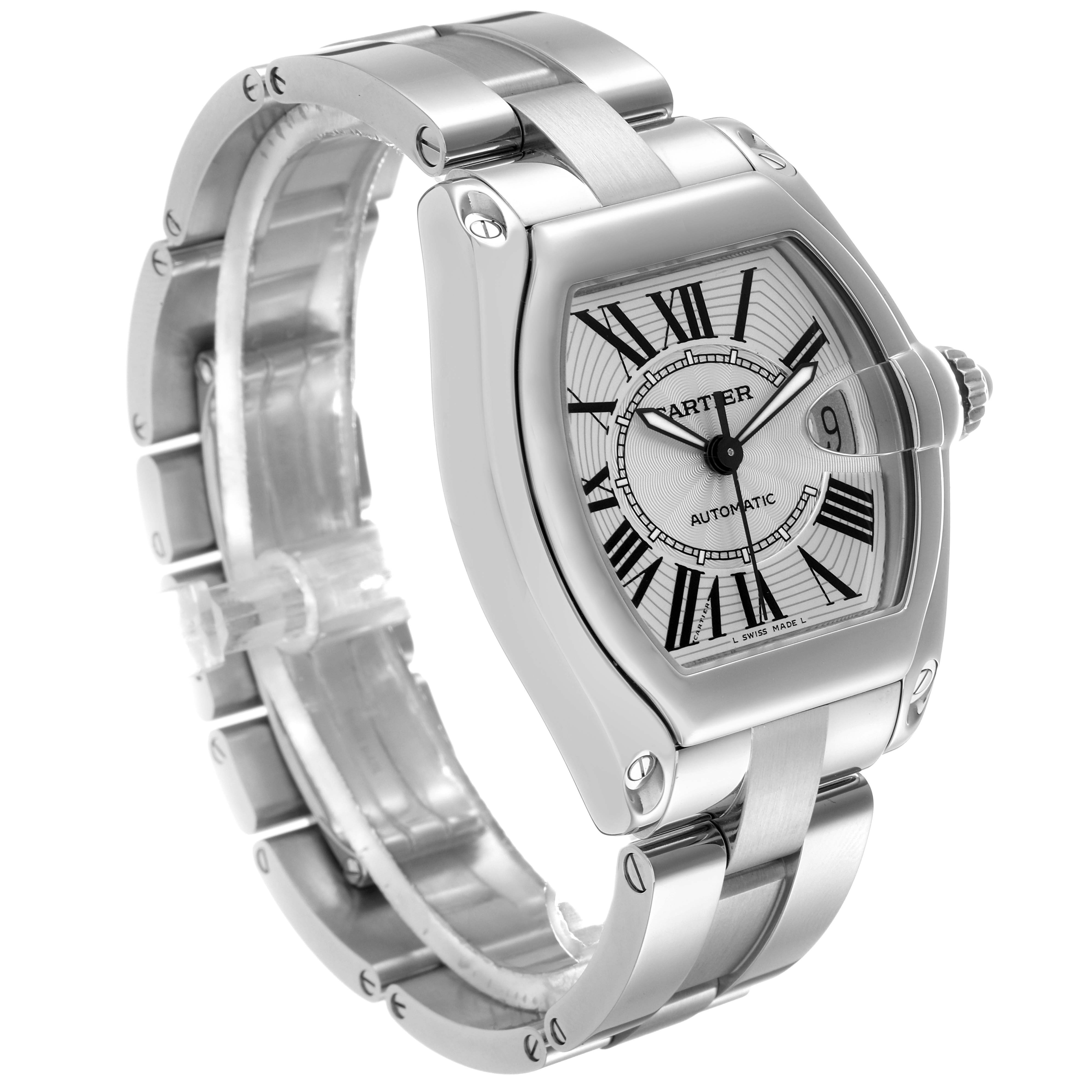 The Cartier Roadster W62025V3 Men
s Stainless Steel Silver Dial W62025V3 Men
s Stainless Steel Silver Dial watch is shown at a three-quarter angle, highlighting the face, bezel, crown, and bracelet.