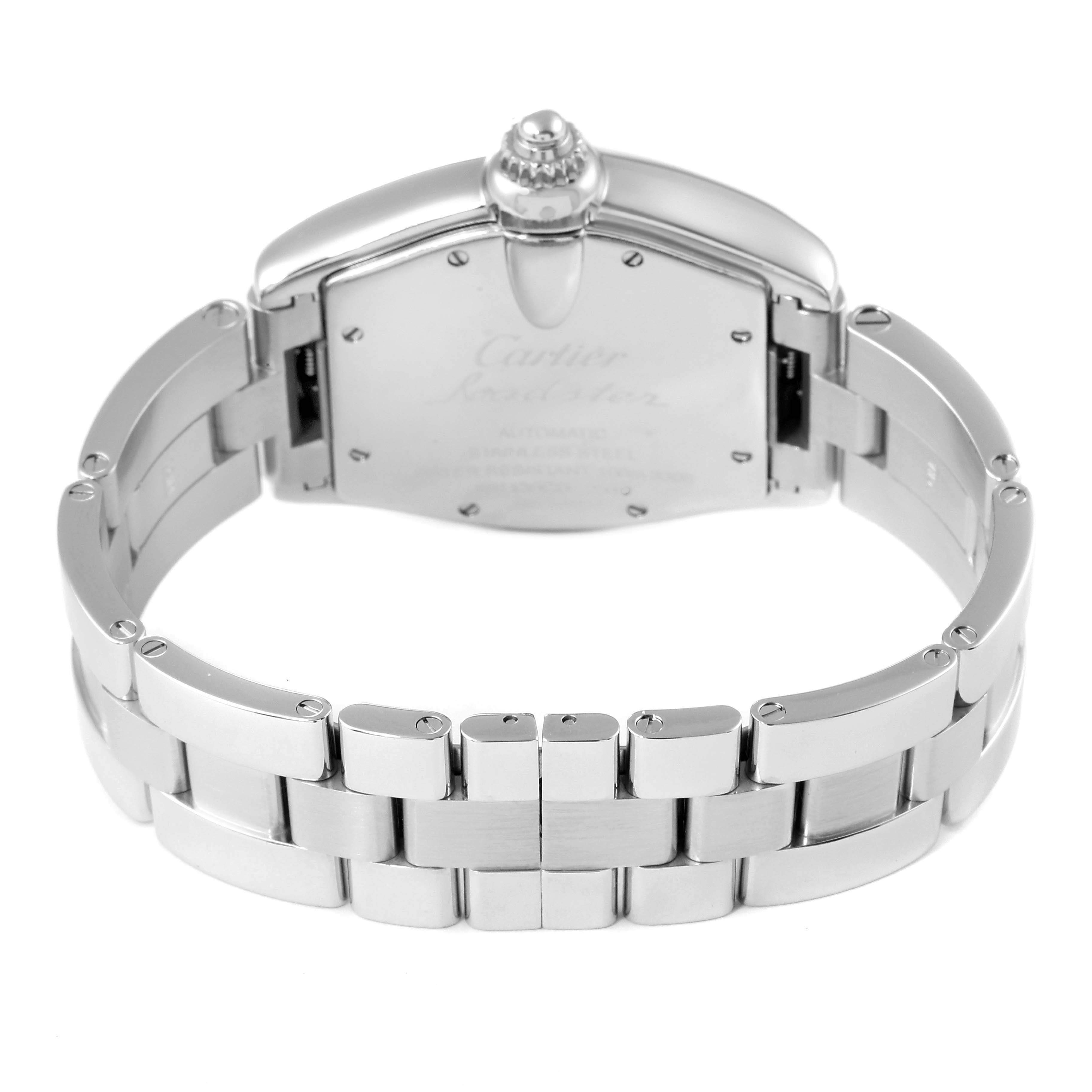This image shows the back view of the Cartier Roadster W62000V3 Men
s Stainless Steel Silver Dial W62000V3 Men
s Stainless Steel Silver Dial watch, highlighting the case back and bracelet.