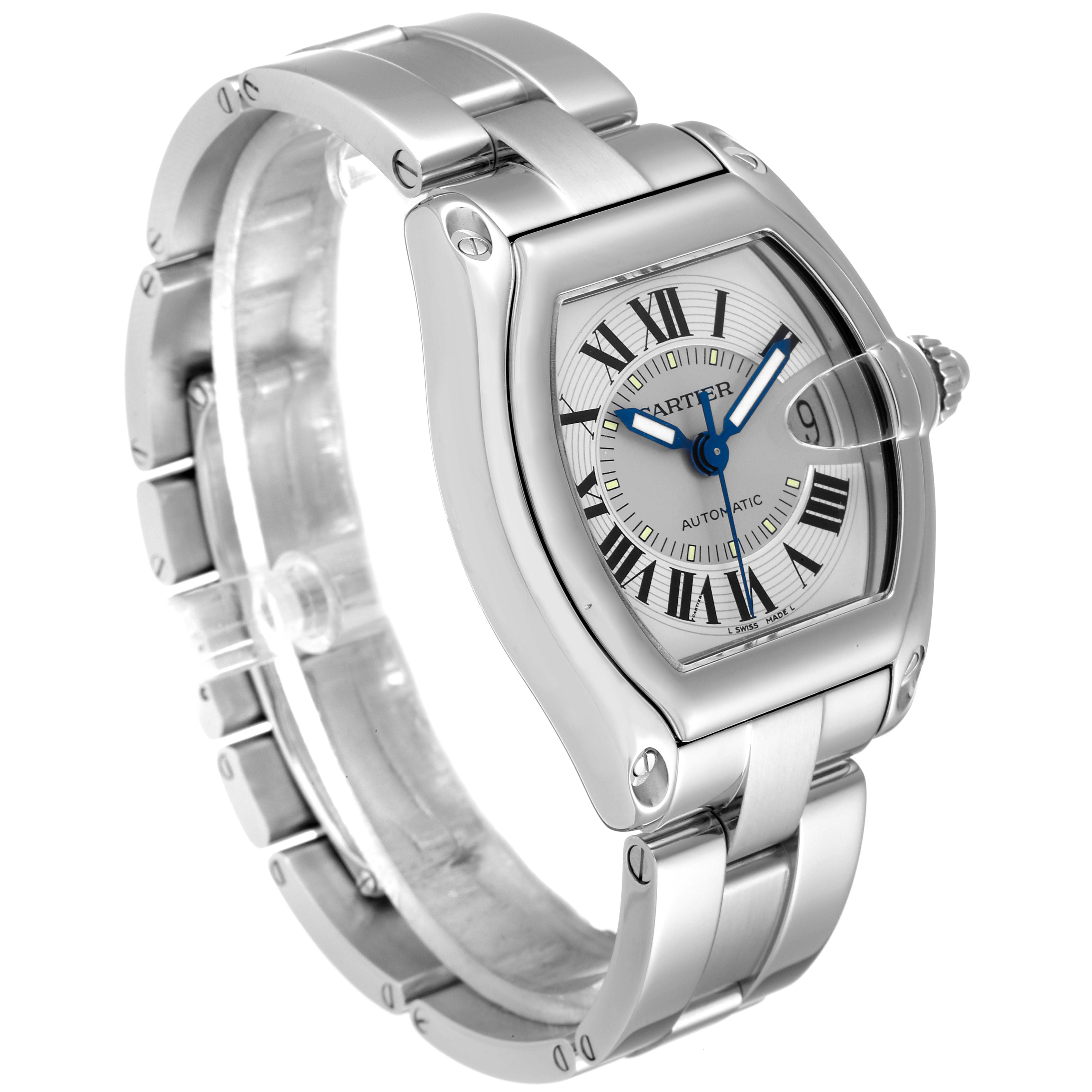 The Cartier Roadster W62000V3 Men
s Stainless Steel Silver Dial W62000V3 Men
s Stainless Steel Silver Dial watch is shown at a three-quarter angle, highlighting its face, crown, and metallic bracelet.