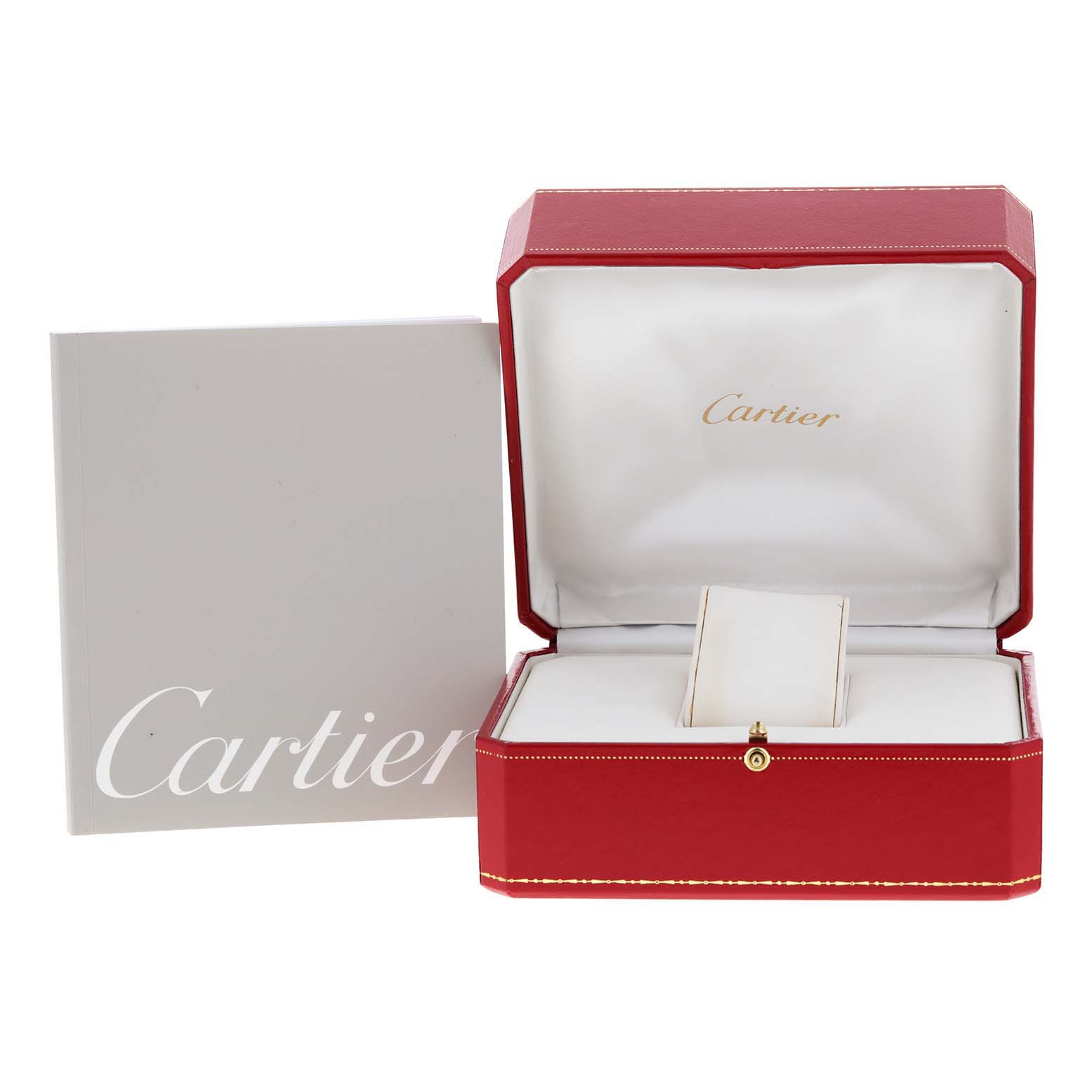 The image shows a Cartier Roadster W62000V3 Men
s Stainless Steel Silver Dial W62000V3 Men
s Stainless Steel Silver Dial watch box and manual, with an opened red box displaying a pillow for the watch.