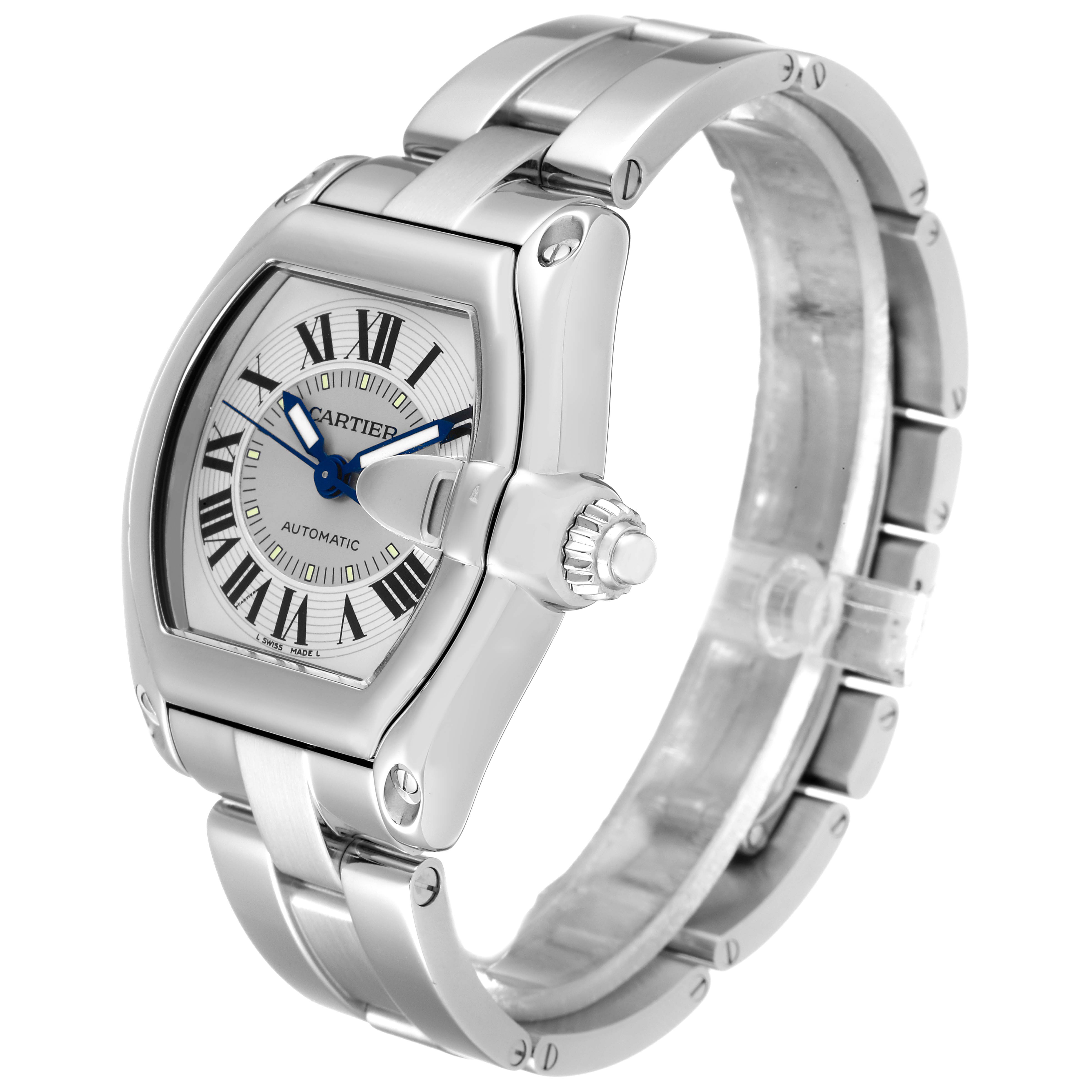 This image shows a Cartier Roadster W62000V3 Men
s Stainless Steel Silver Dial W62000V3 Men
s Stainless Steel Silver Dial watch angled to display the face, crown, and bracelet.