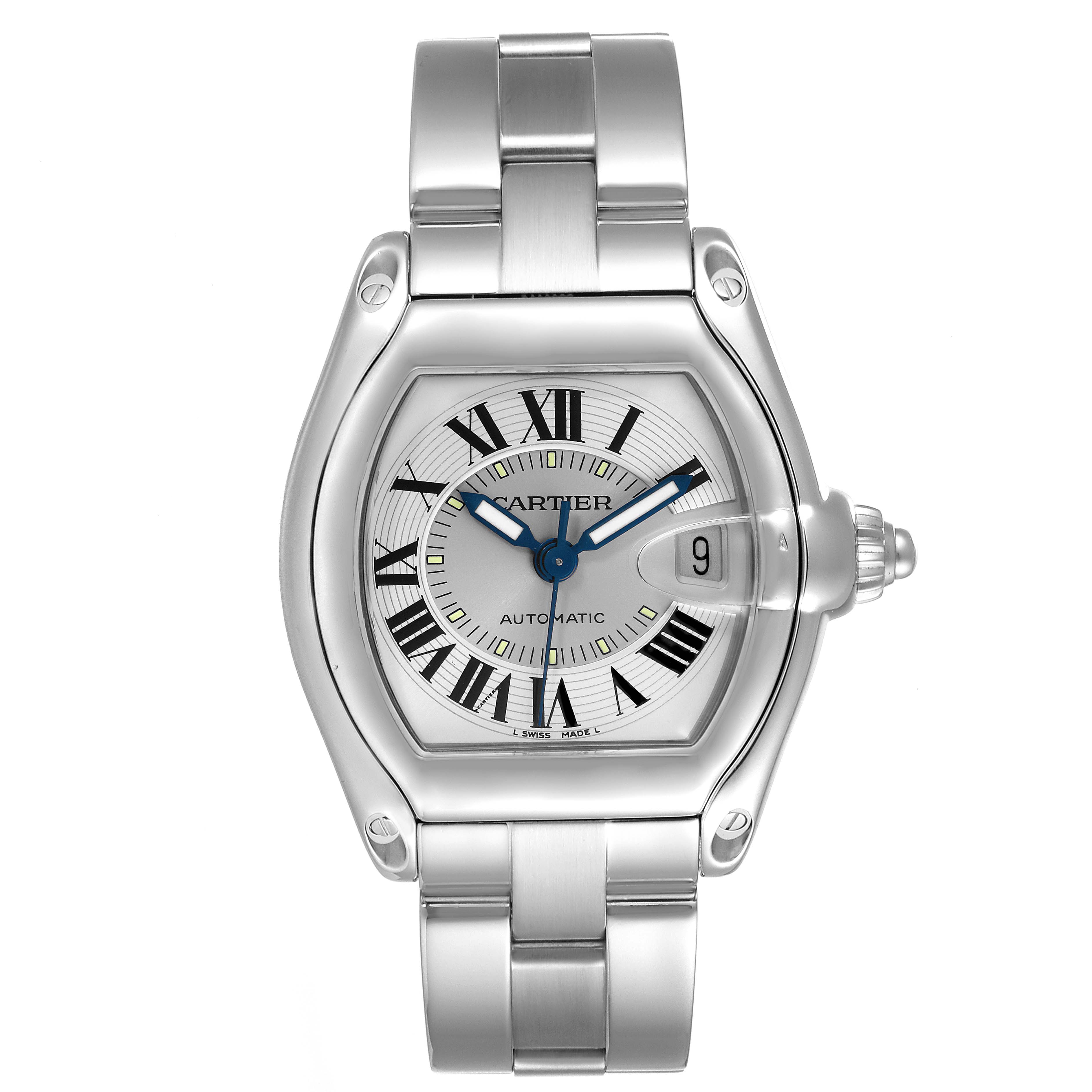 The image shows a head-on view of the Cartier Roadster W62000V3 Men
s Stainless Steel Silver Dial W62000V3 Men
s Stainless Steel Silver Dial watch, displaying its face, Roman numerals, and stainless steel bracelet.