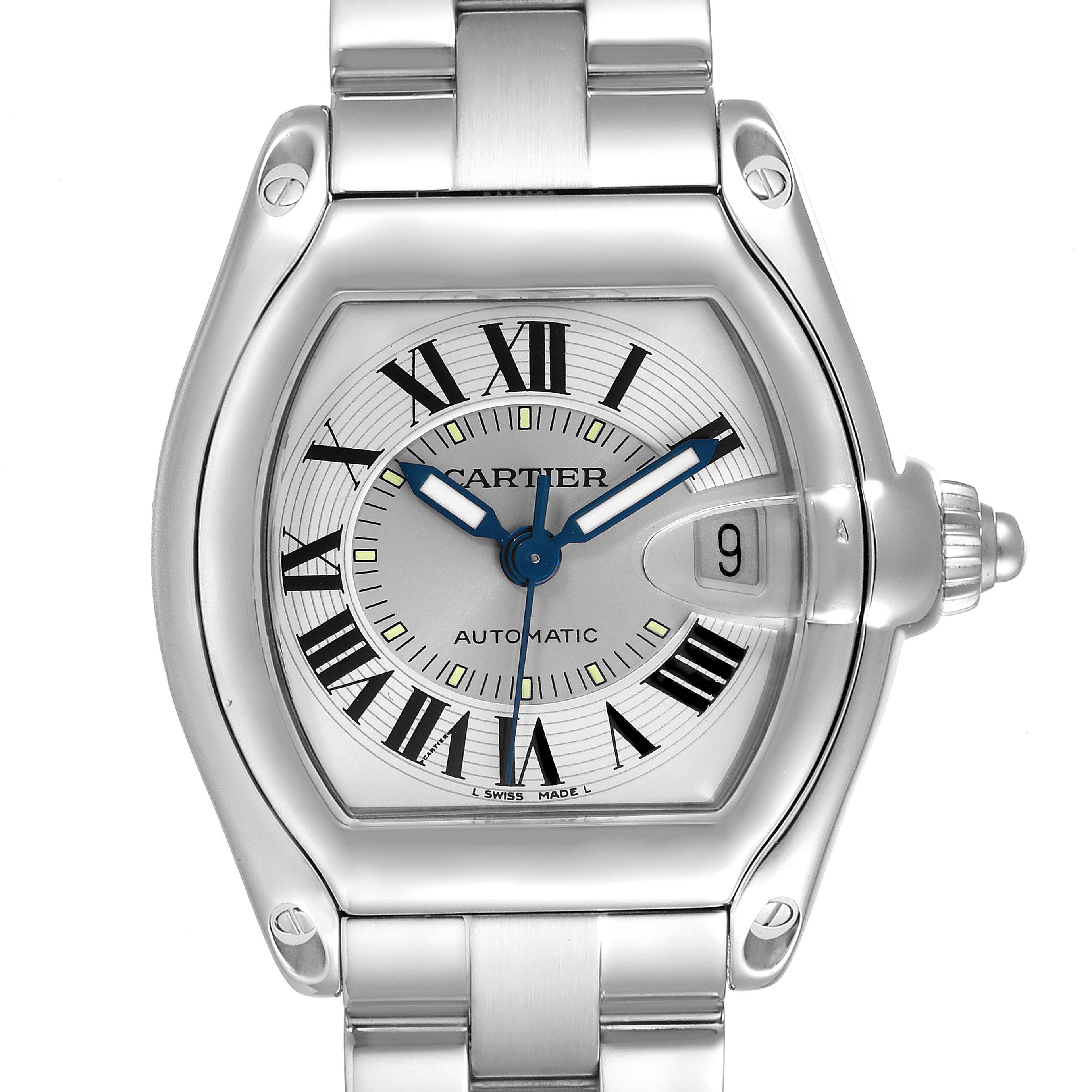The image shows a Cartier Roadster W62000V3 Men
s Stainless Steel Silver Dial W62000V3 Men
s Stainless Steel Silver Dial watch from a top-down perspective, featuring its dial, bracelet, and crown.