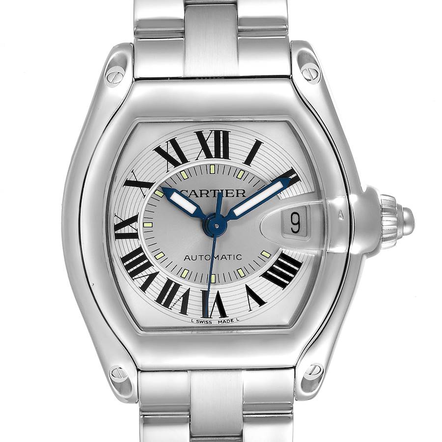 Cartier Roadster Silver Roman Dial Steel Mens Watch W62000V3 Box Papers SwissWatchExpo