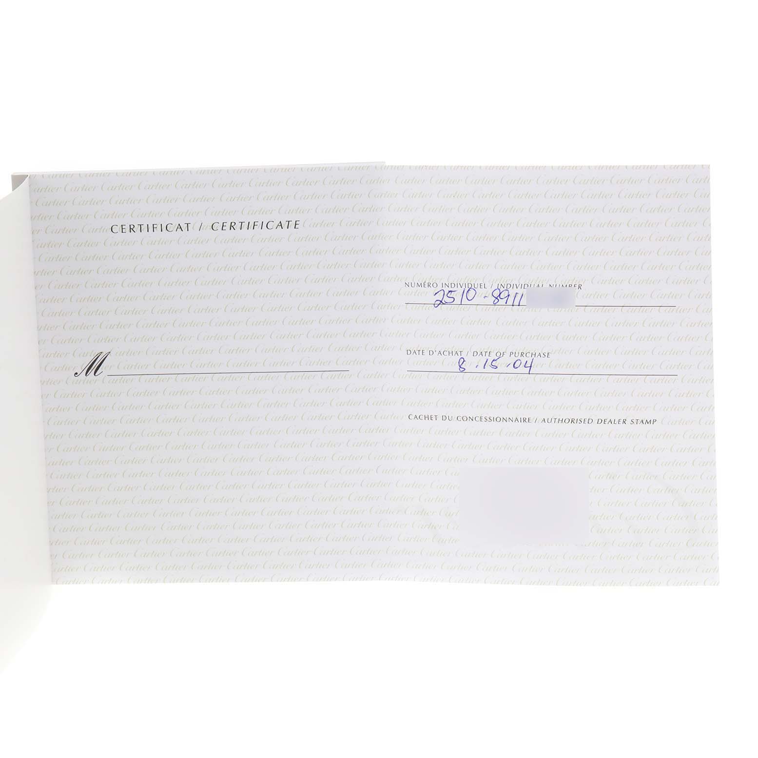 This image shows a certificate of Best Quality
ity for the Cartier Roadster W62000V3 Men
s Stainless Steel Silver Dial W62000V3 Men
s Stainless Steel Silver Dial model, displaying the purchase date and serial number.