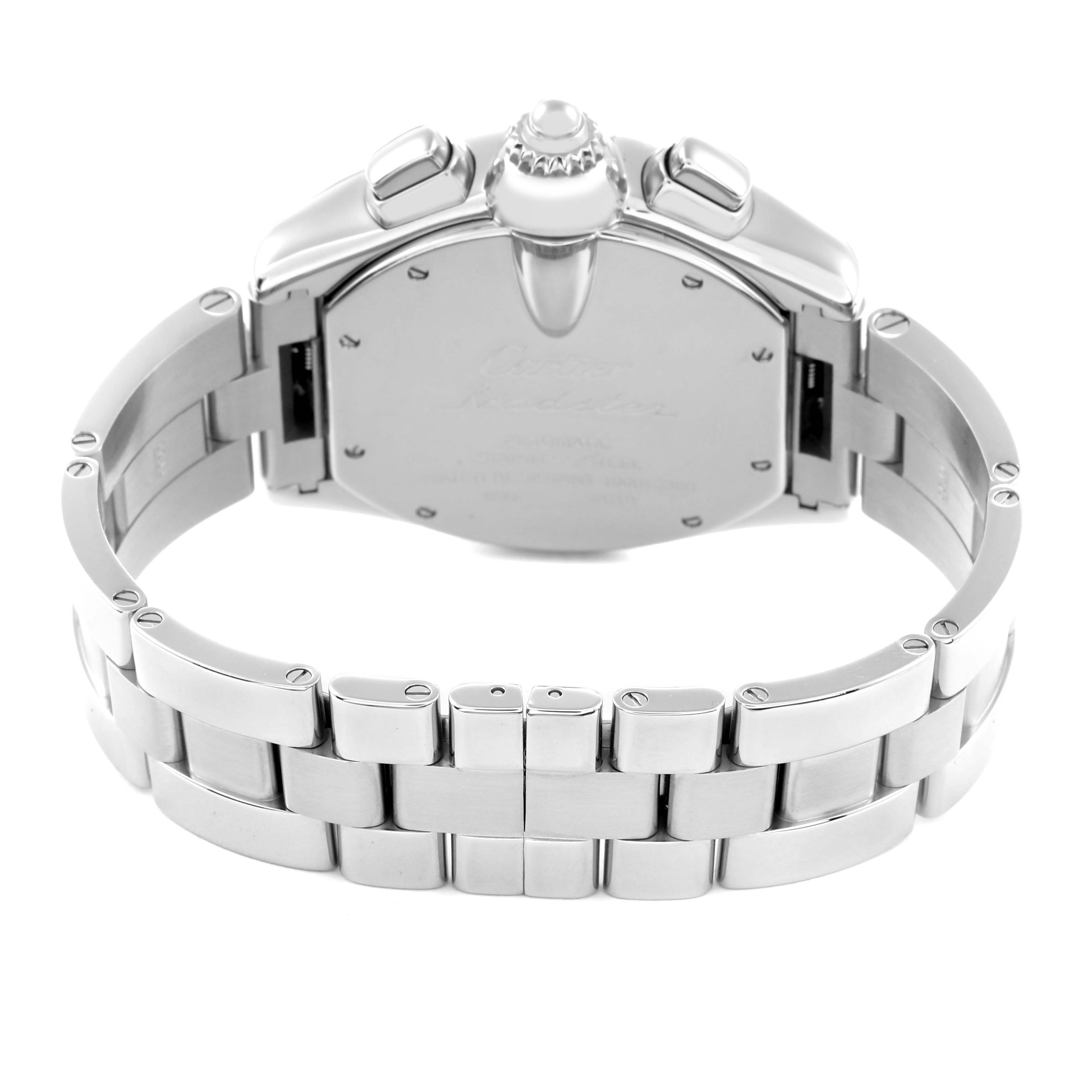 The image shows the back and bracelet of a Cartier Roadster W62020X6 Men
s Stainless Steel Black Dial W62020X6 Men
s Stainless Steel Black Dial watch, highlighting the clasp and crown in a rear view.