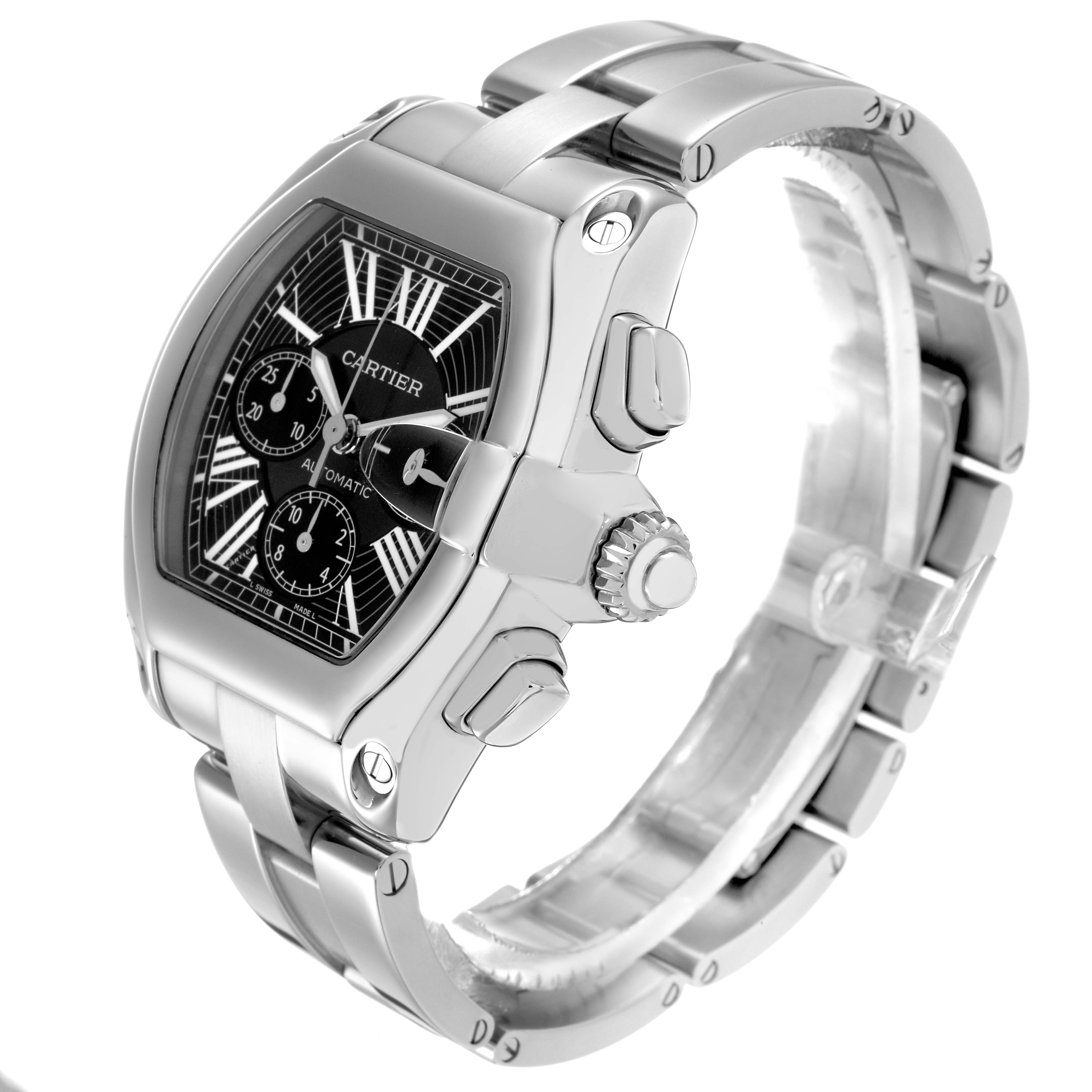 The Cartier Roadster W62020X6 Men
s Stainless Steel Black Dial W62020X6 Men
s Stainless Steel Black Dial watch is shown at a three-quarter angle, highlighting the dial, crown, and part of the bracelet.