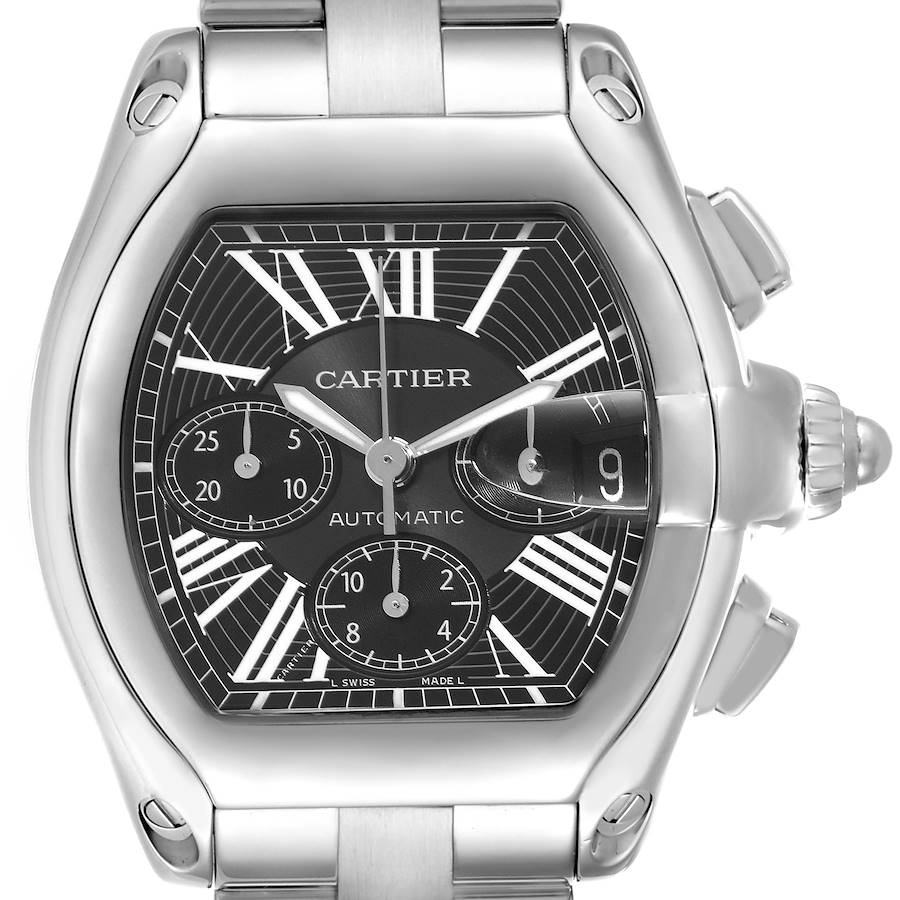 The Cartier Roadster watch is shown from the front, highlighting the dial, bezel, and part of the bracelet.