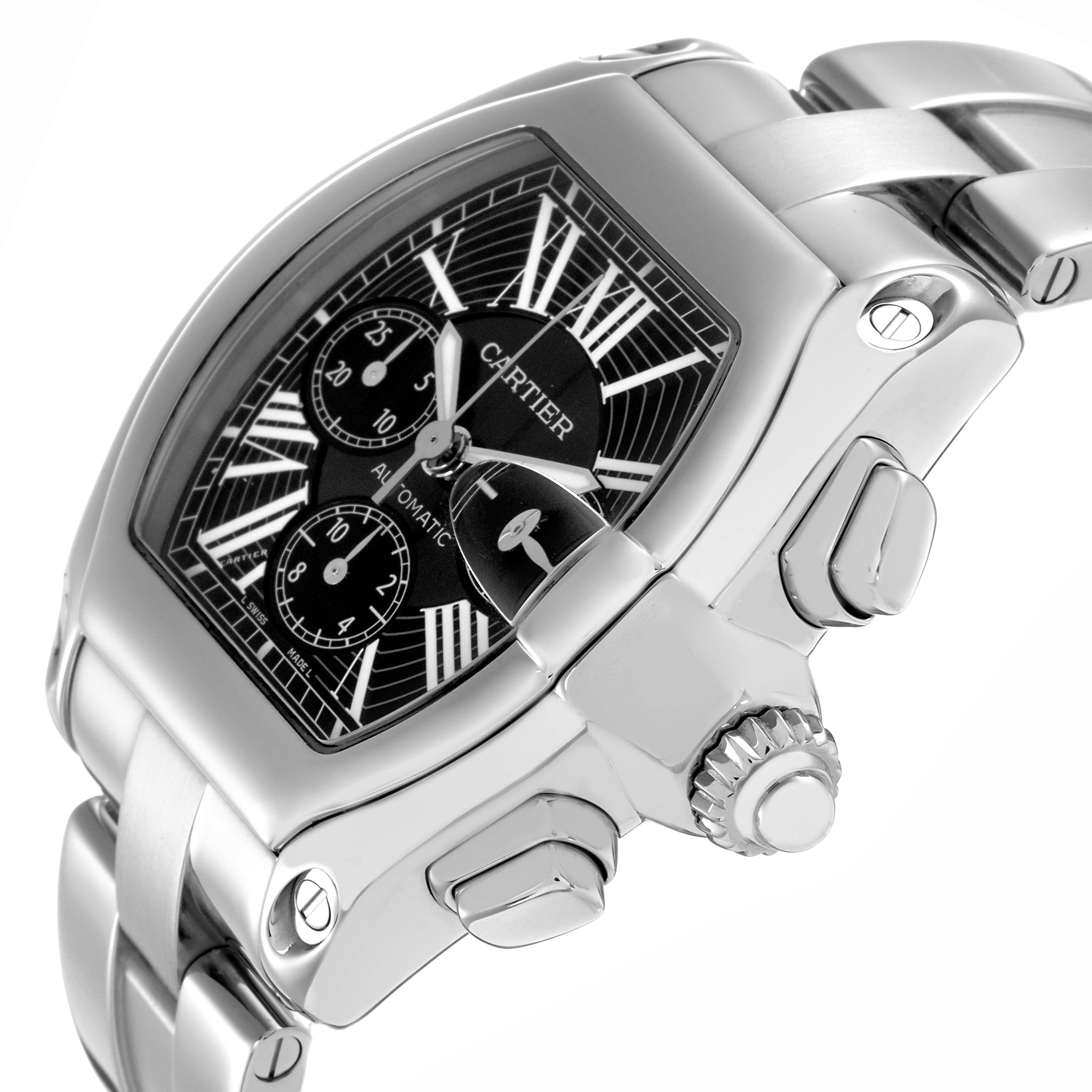 The Cartier Roadster W62020X6 Men
s Stainless Steel Black Dial W62020X6 Men
s Stainless Steel Black Dial watch is shown from a diagonal side angle, highlighting its case, dial, crown, and part of the bracelet.
