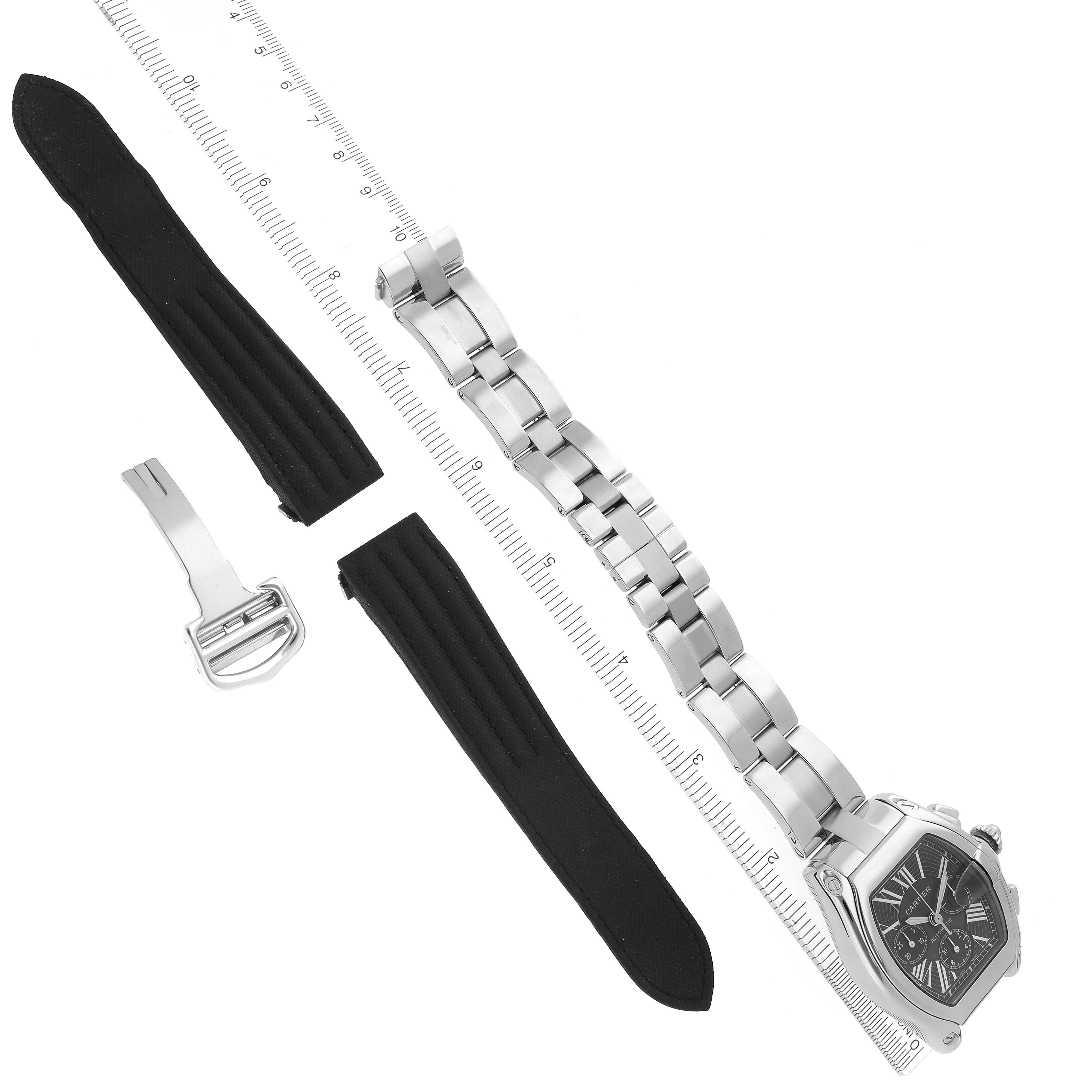 The Cartier Roadster W62020X6 Men
s Stainless Steel Black Dial W62020X6 Men
s Stainless Steel Black Dial watch is shown from above with a metal strap, two black strap pieces, and a buckle.