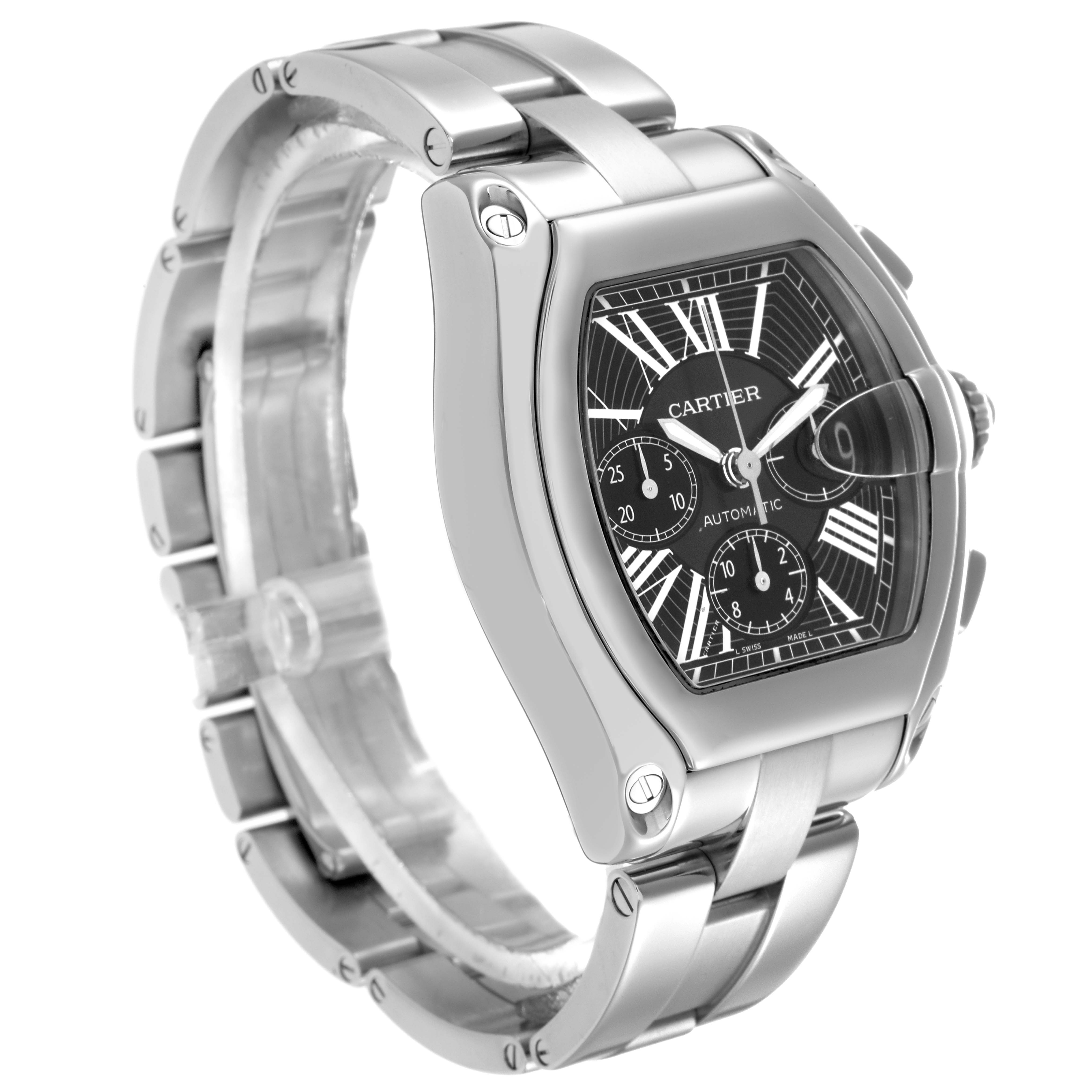 The Cartier Roadster W62020X6 Men
s Stainless Steel Black Dial W62020X6 Men
s Stainless Steel Black Dial watch is shown at a three-quarter angle, highlighting the face, case, and bracelet.