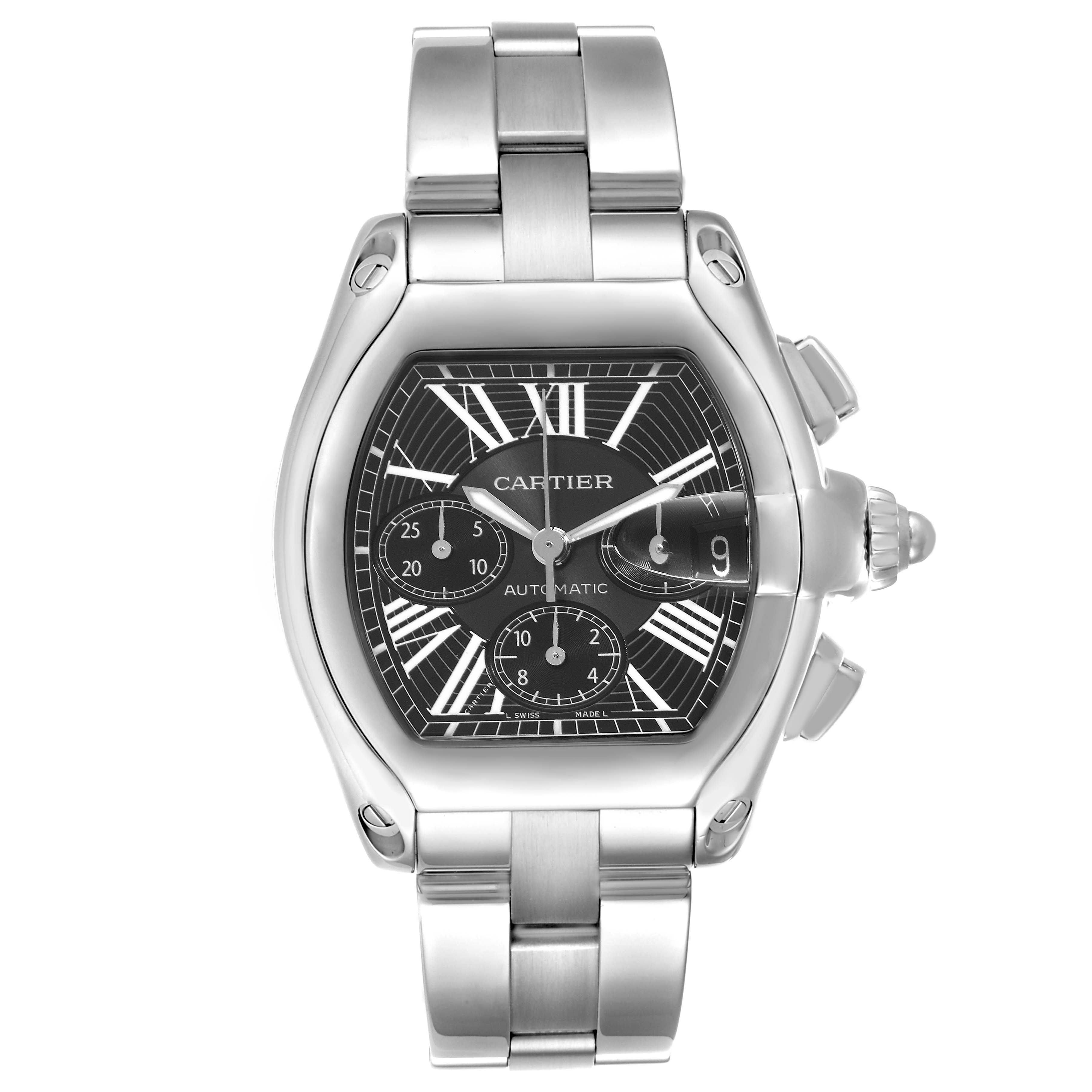 The Cartier Roadster W62020X6 Men
s Stainless Steel Black Dial W62020X6 Men
s Stainless Steel Black Dial watch is shown from a front angle, displaying its face, bezel, crown, and stainless steel bracelet.