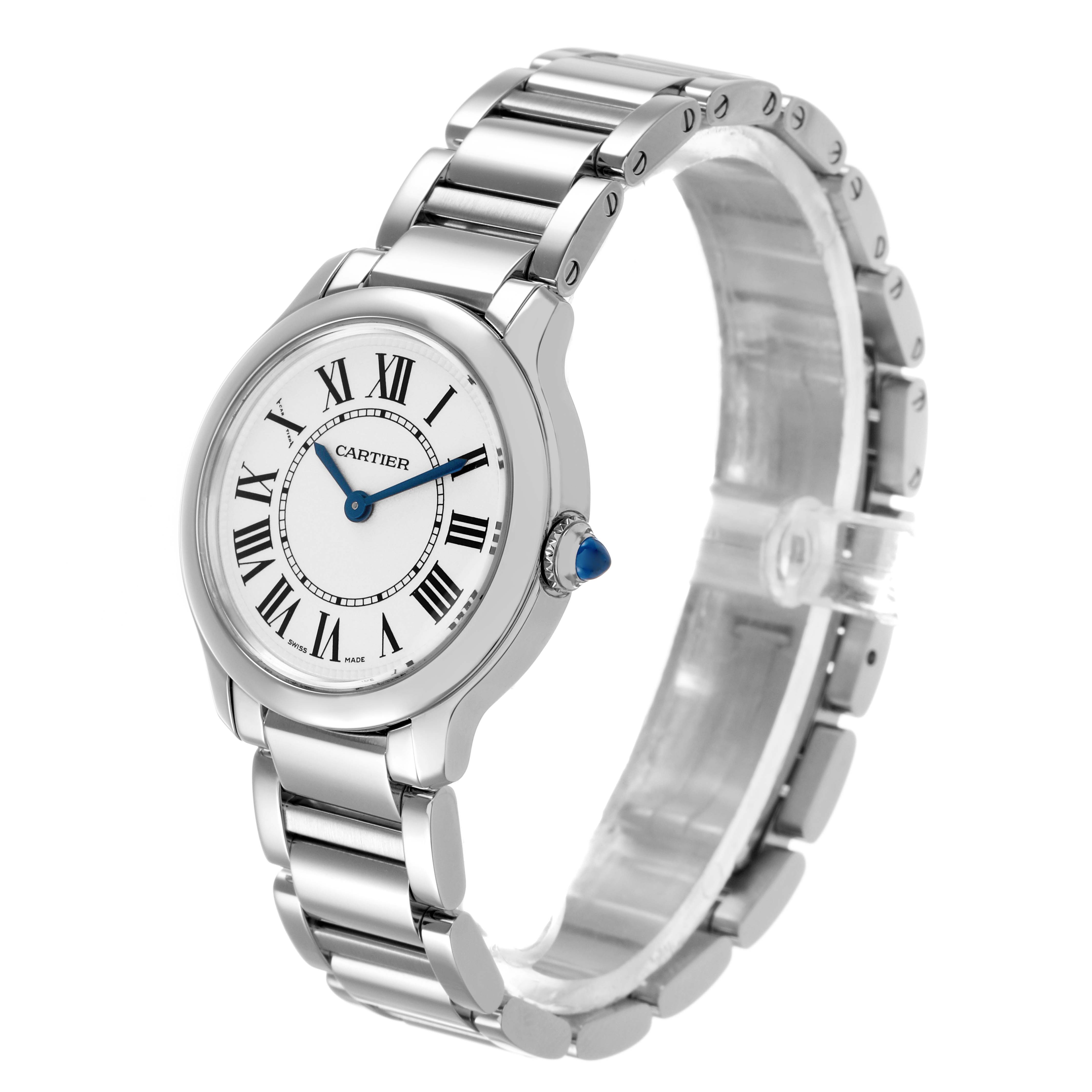 The Cartier Ronde WSRN0033 Women's Stainless Steel White Dial watch is shown at a three-quarter angle, highlighting its face, crown, and bracelet.