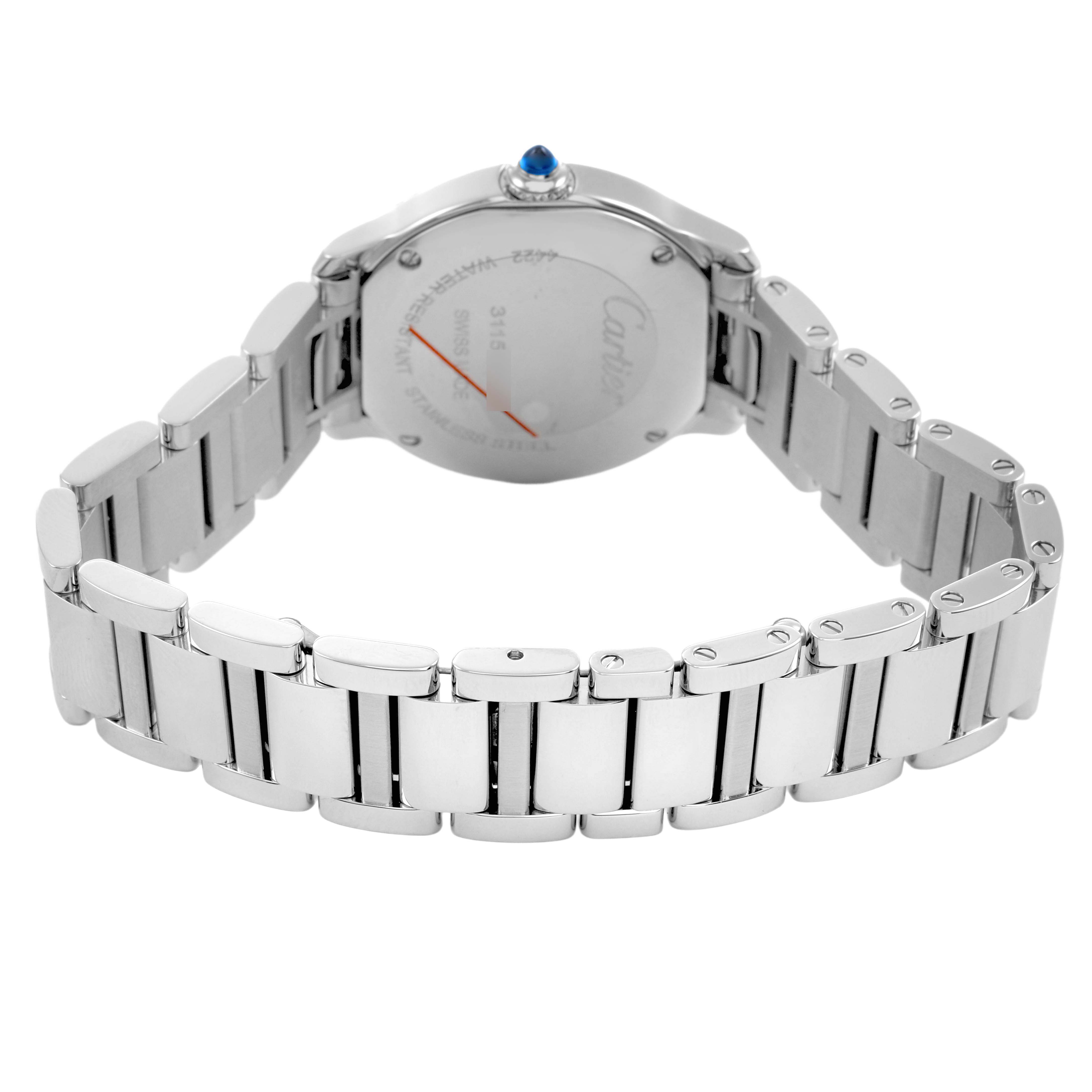 The image shows the back and bracelet of the Cartier Ronde WSRN0033 Women's Stainless Steel White Dial watch, highlighting the clasp and rear case.