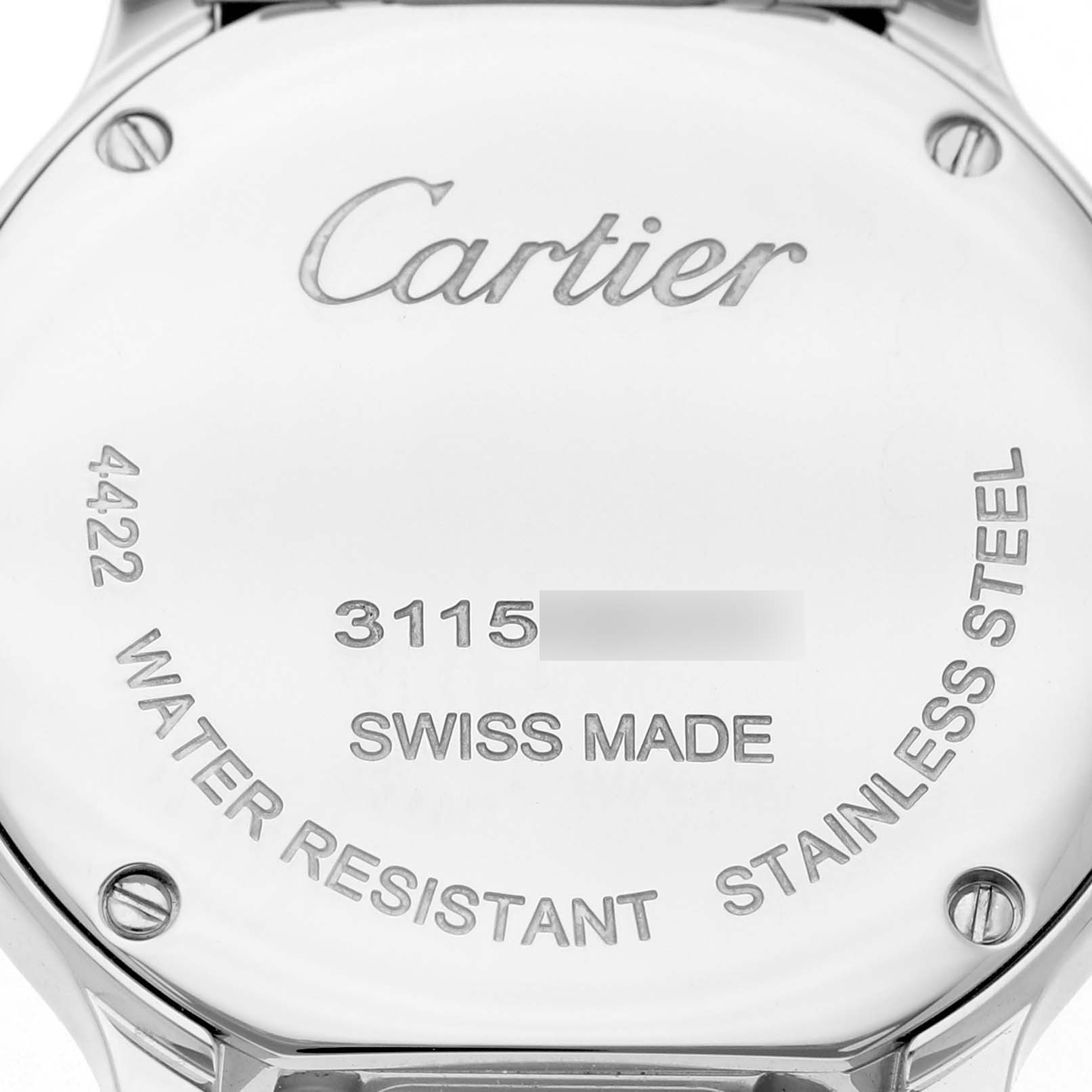 The image shows the back case of the Cartier Ronde WSRN0033 Women's Stainless Steel White Dial watch, highlighting the brand engraving and specifications.