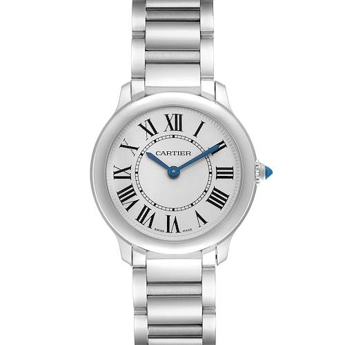 The Cartier Ronde WSRN0033 Women's Stainless Steel White Dial watch is shown from a front angle, featuring its round face with Roman numerals and a metal bracelet.