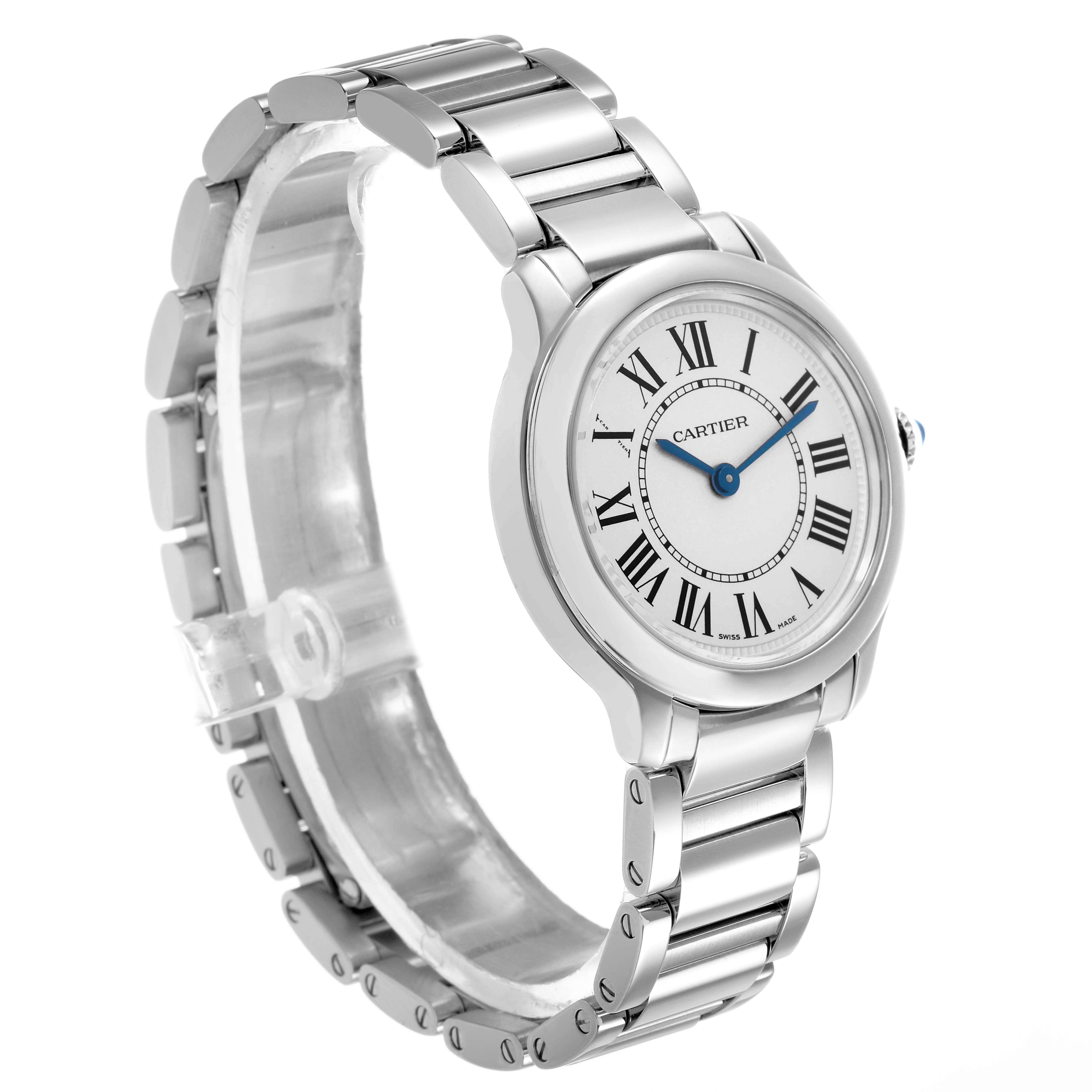 The Cartier Ronde WSRN0033 Women's Stainless Steel White Dial watch is shown at a side angle, displaying the face, Roman numerals, blue hands, and metal bracelet.