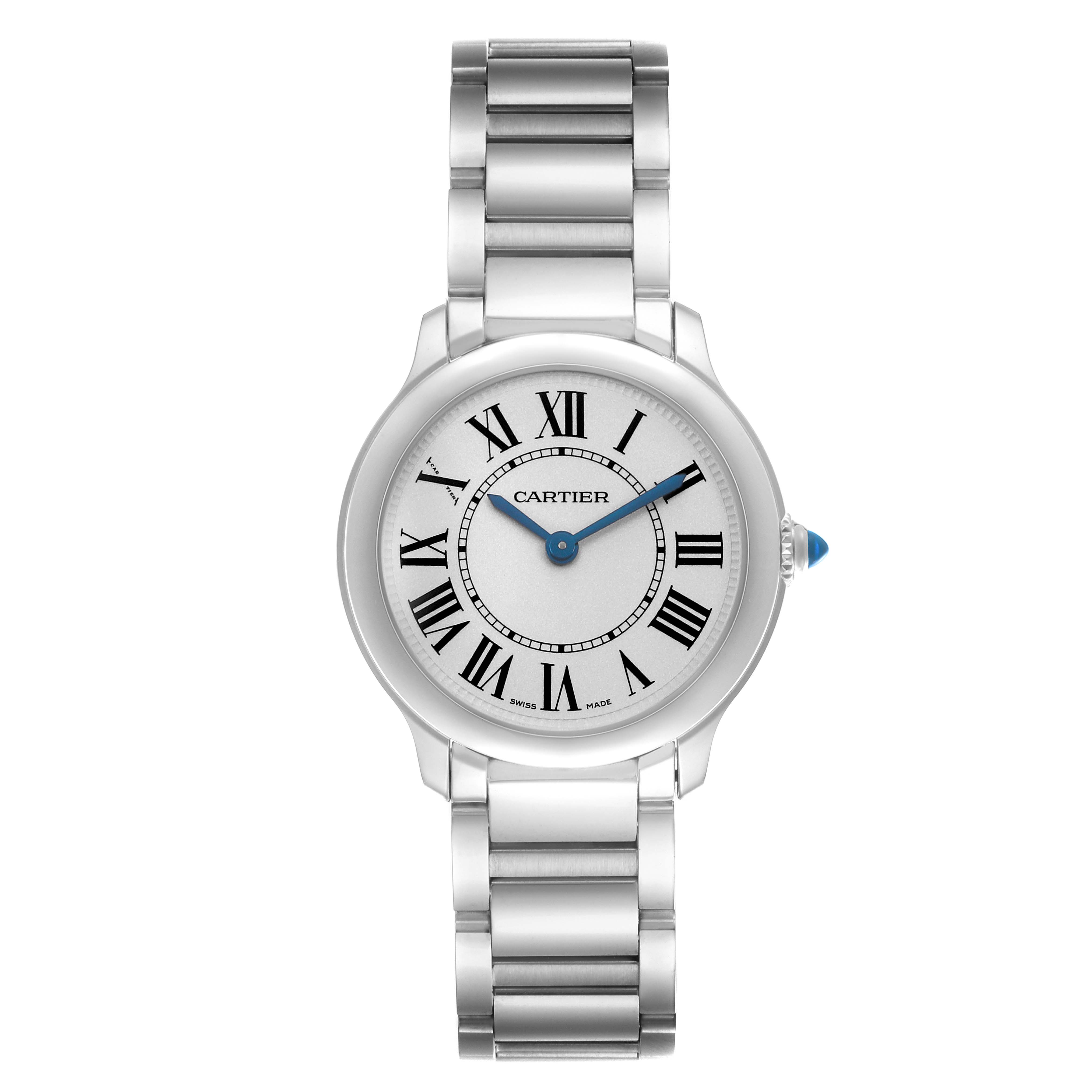 This Cartier Ronde WSRN0033 Women's Stainless Steel White Dial model watch is shown from the front, displaying its face, blue hands, Roman numerals, and metal bracelet.
