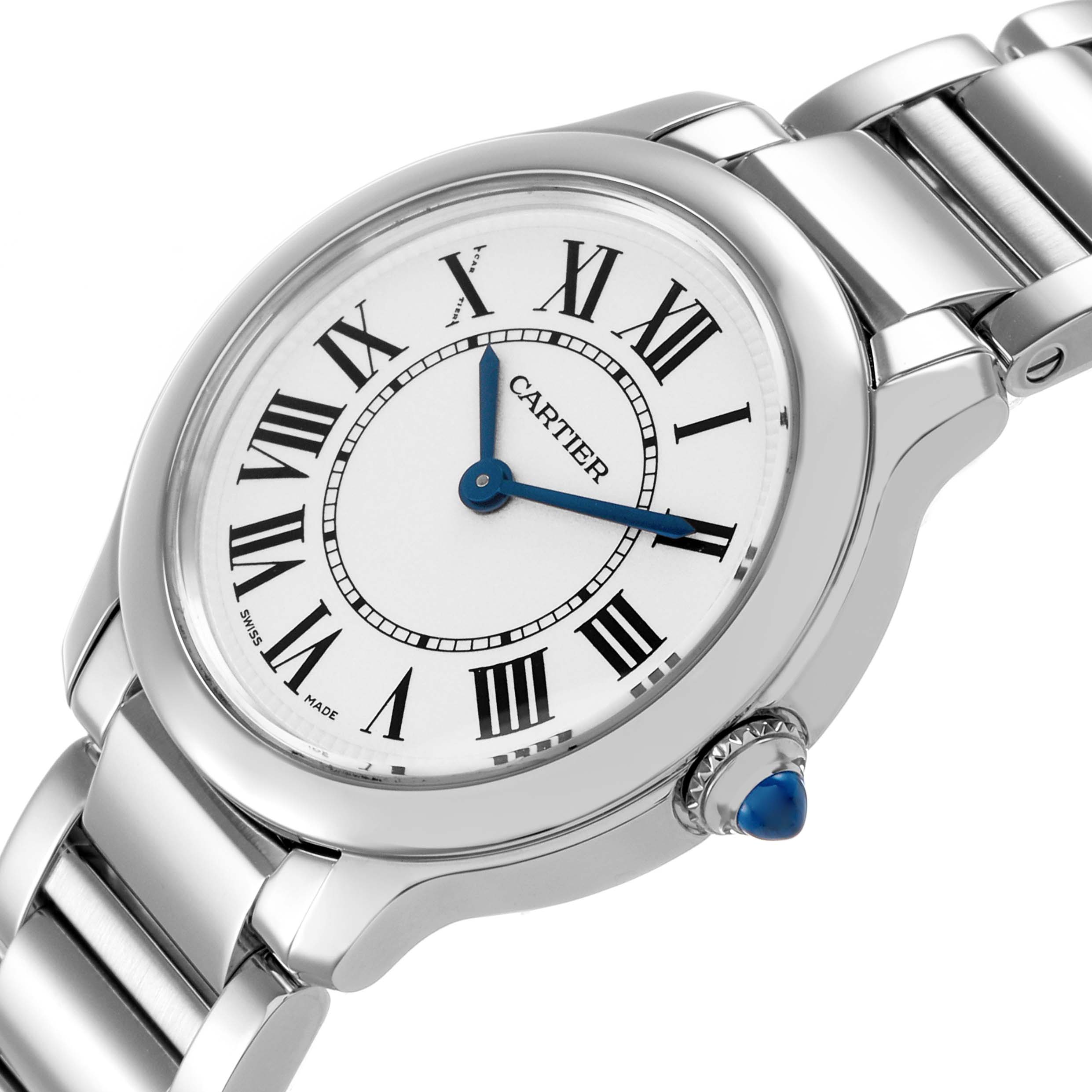 The Cartier Ronde WSRN0033 Women's Stainless Steel White Dial watch is shown at an angle displaying the dial, Roman numerals, blue hands, crown, and part of the metal band.