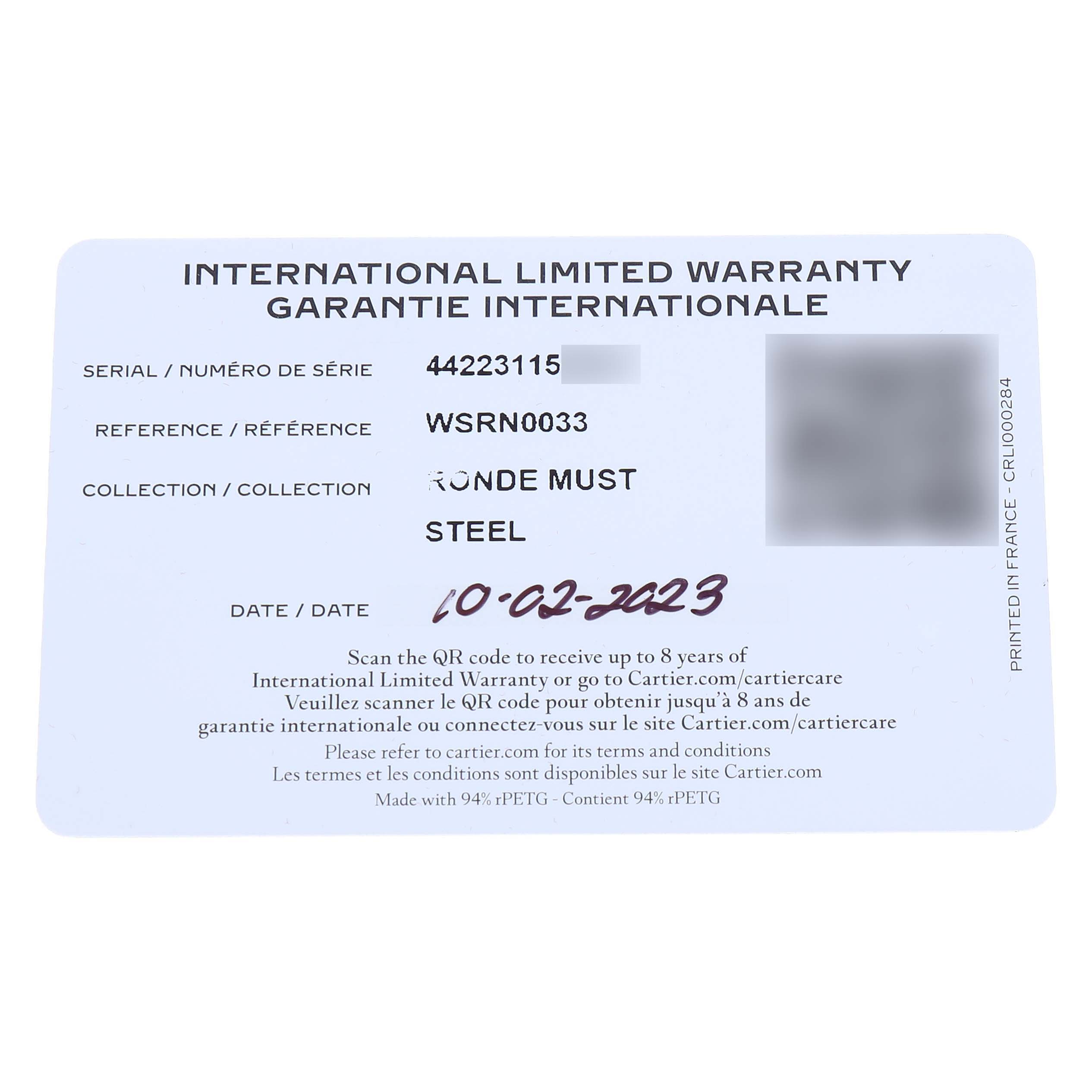 The image shows the Cartier Ronde WSRN0033 Women's Stainless Steel White Dial model's International Limited Warranty card.