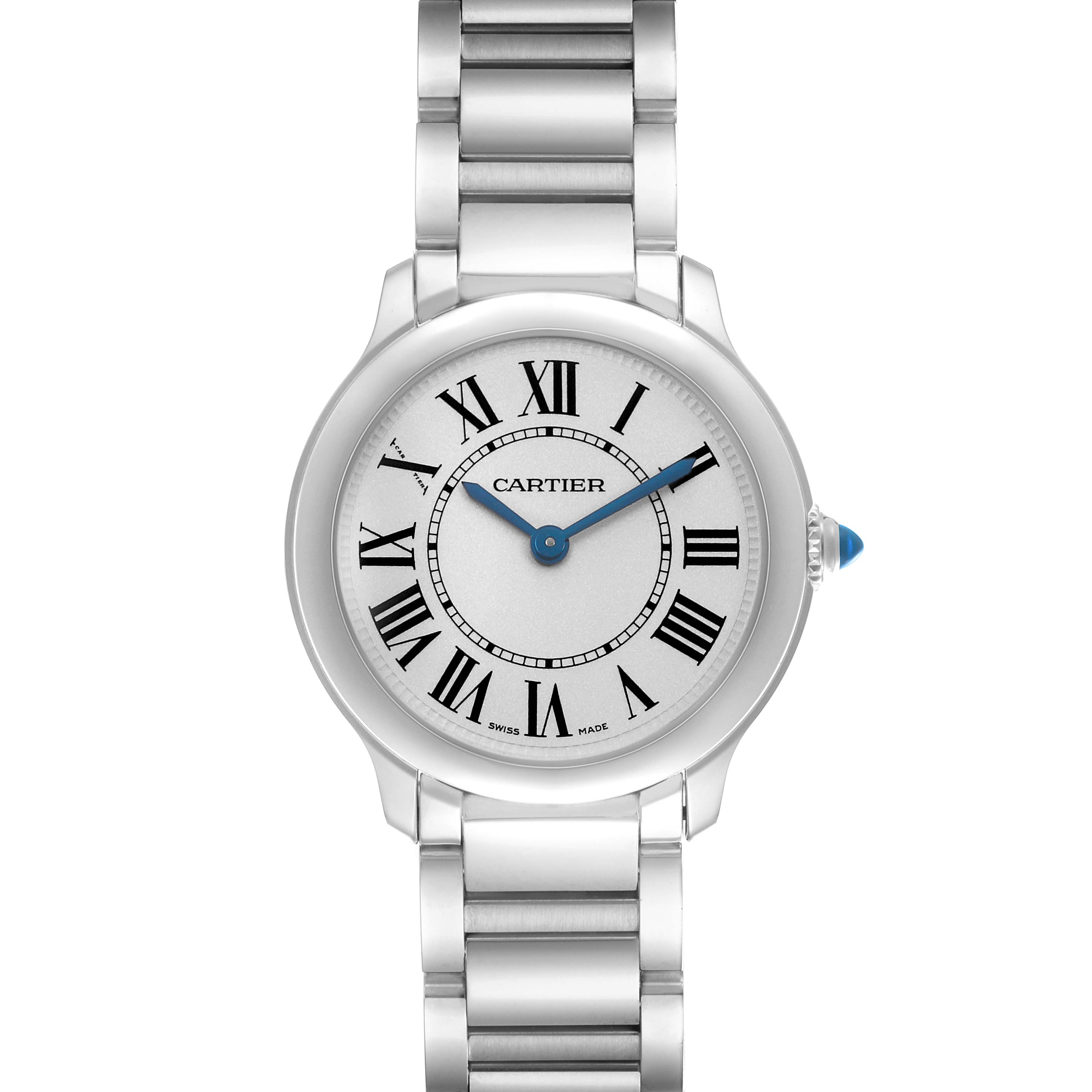 The Cartier Ronde WSRN0033 Women's Stainless Steel White Dial watch is shown from a front view, displaying the face with Roman numerals, blue hands, and a metal bracelet.