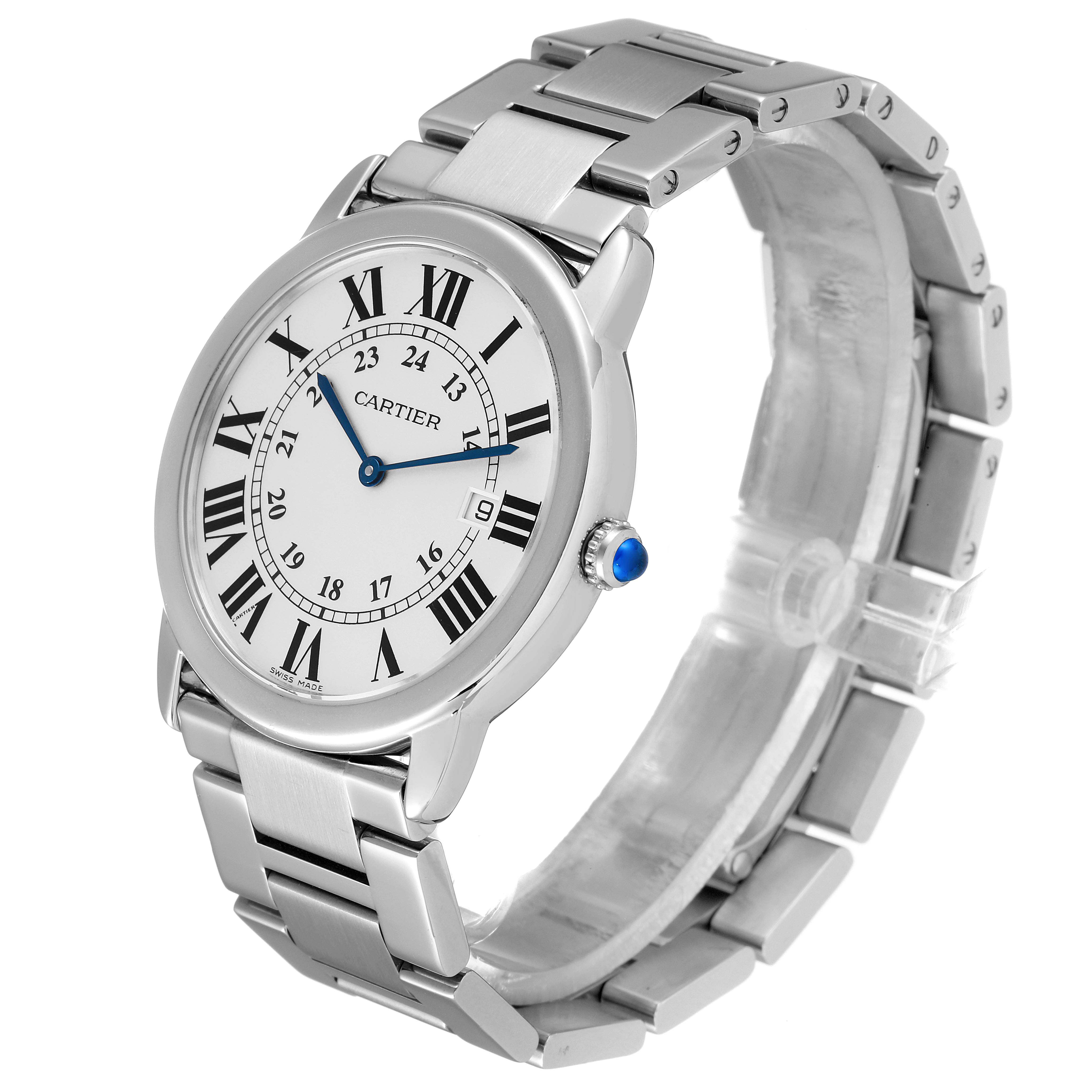 This image shows a three-quarter angled view of the Cartier Ronde W6701005 Men
s Stainless Steel Silver Dial W6701005 Men
s Stainless Steel Silver Dial watch, highlighting its face, bezel, bracelet, and crown.