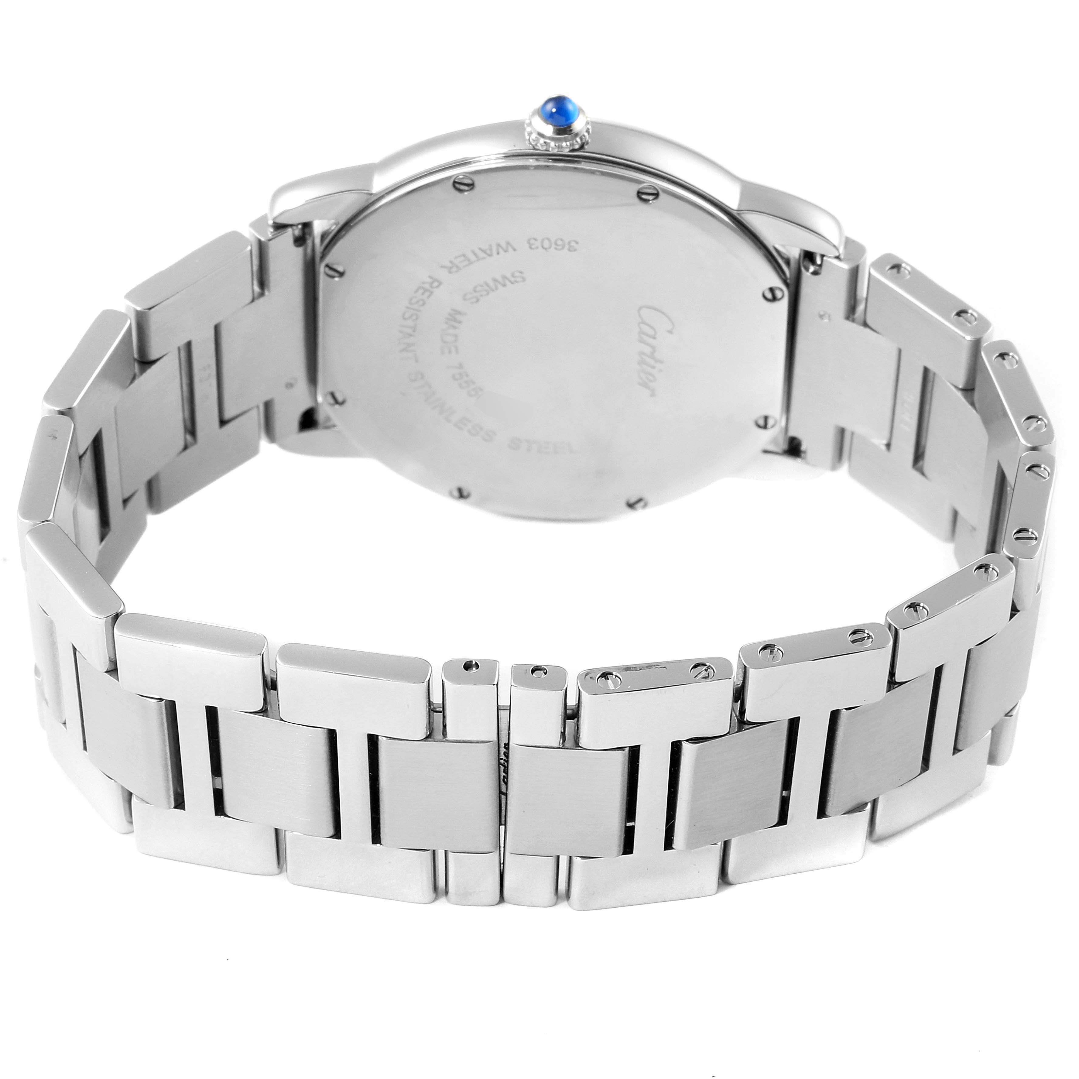 The image shows the back view of the Cartier Ronde W6701005 Men
s Stainless Steel Silver Dial W6701005 Men
s Stainless Steel Silver Dial watch, highlighting the stainless steel bracelet and case back with inscriptions.