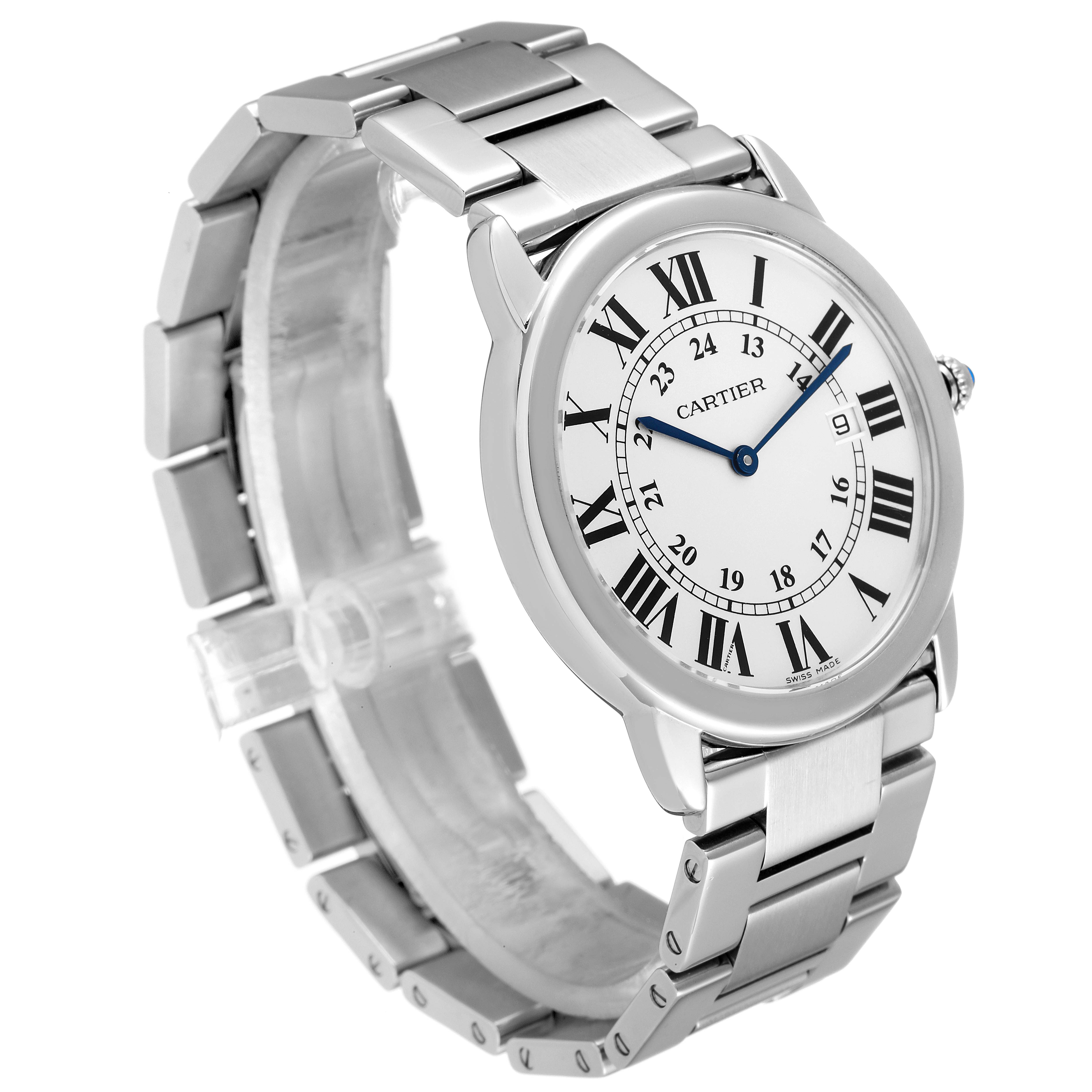 The image shows a Cartier Ronde W6701005 Men
s Stainless Steel Silver Dial W6701005 Men
s Stainless Steel Silver Dial model watch at a slight angle from the front, displaying the face and part of the metal band.
