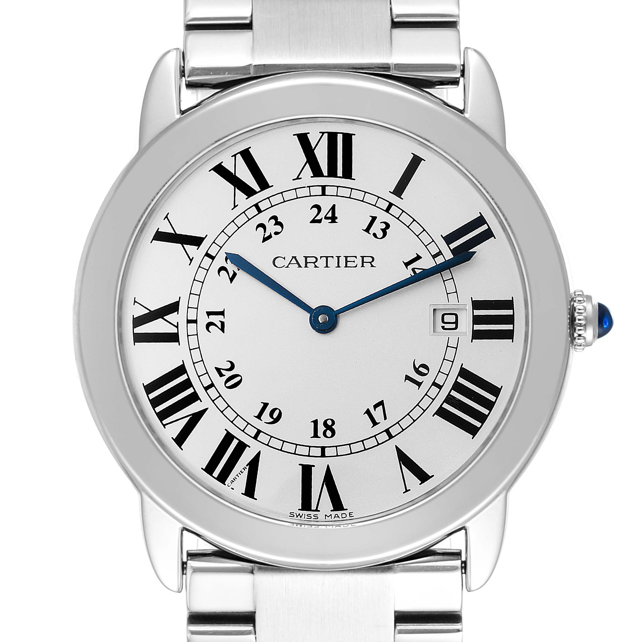 The image shows a frontal view of a Cartier Ronde W6701005 Men
s Stainless Steel Silver Dial W6701005 Men
s Stainless Steel Silver Dial watch, highlighting the dial, Roman numerals, hands, and part of the bracelet.