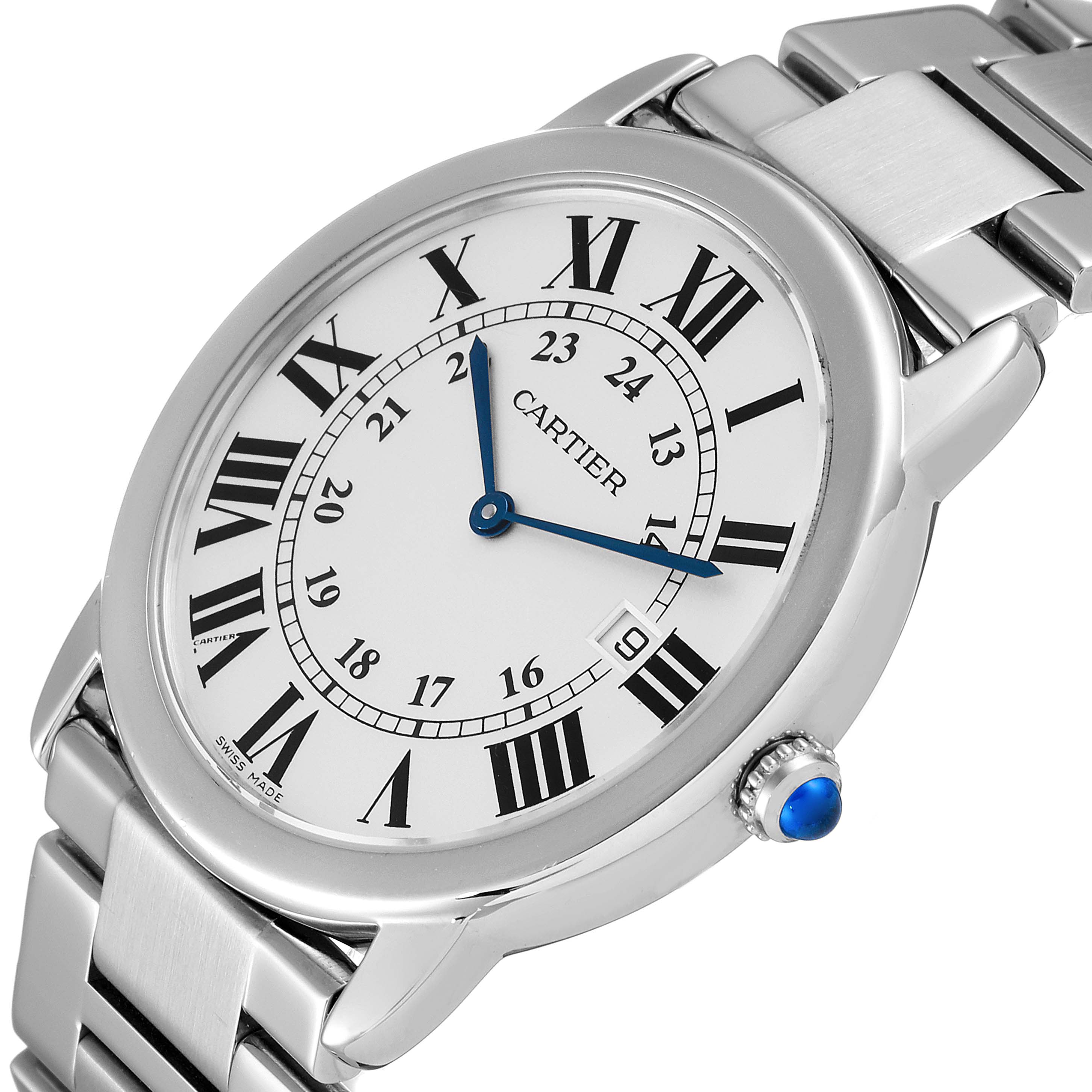 The Cartier Ronde W6701005 Men
s Stainless Steel Silver Dial W6701005 Men
s Stainless Steel Silver Dial watch is shown at an angled view highlighting its face, bezel, crown, and part of its bracelet.