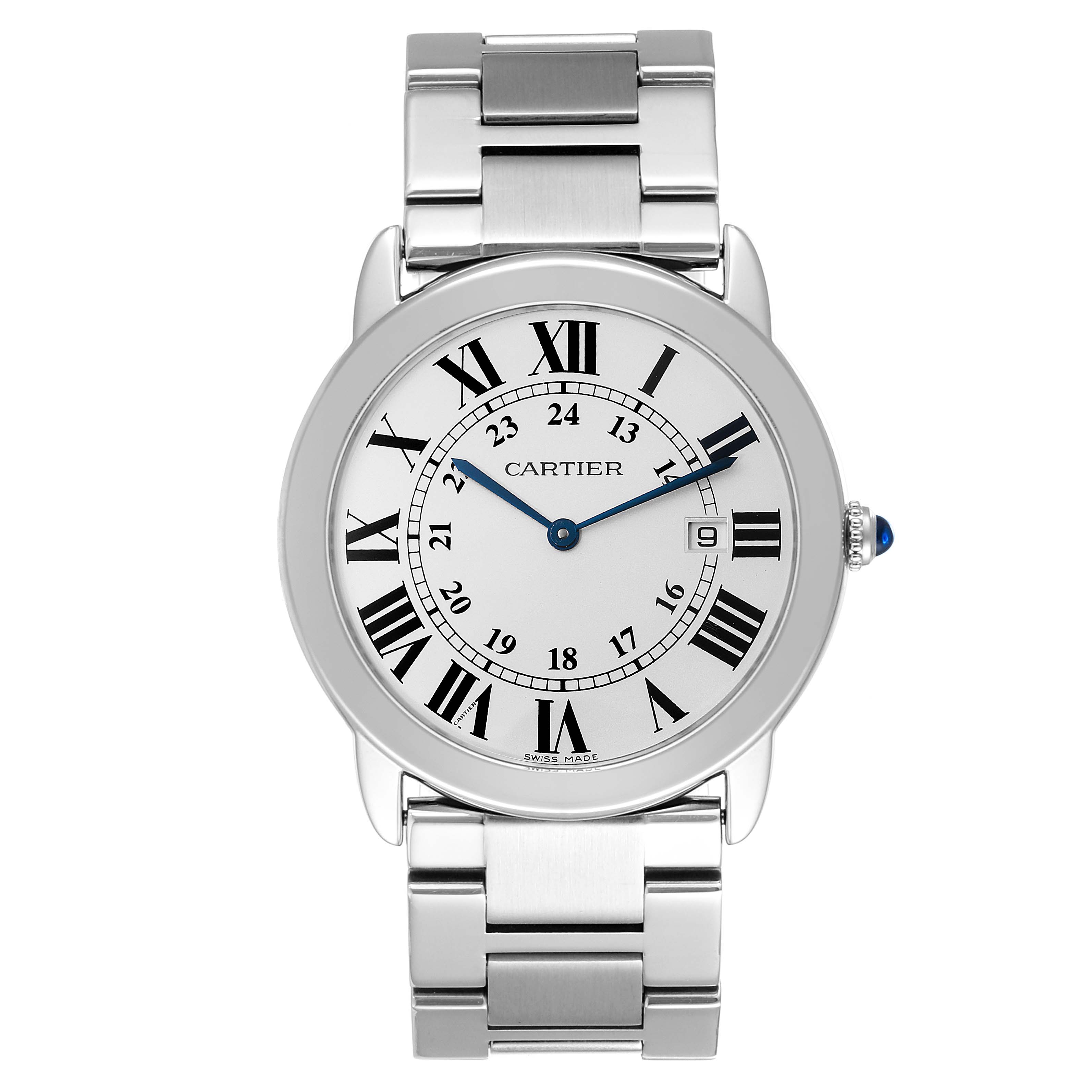 The Cartier Ronde W6701005 Men
s Stainless Steel Silver Dial W6701005 Men
s Stainless Steel Silver Dial watch is shown from a top view displaying its face, bezel, and metal bracelet.