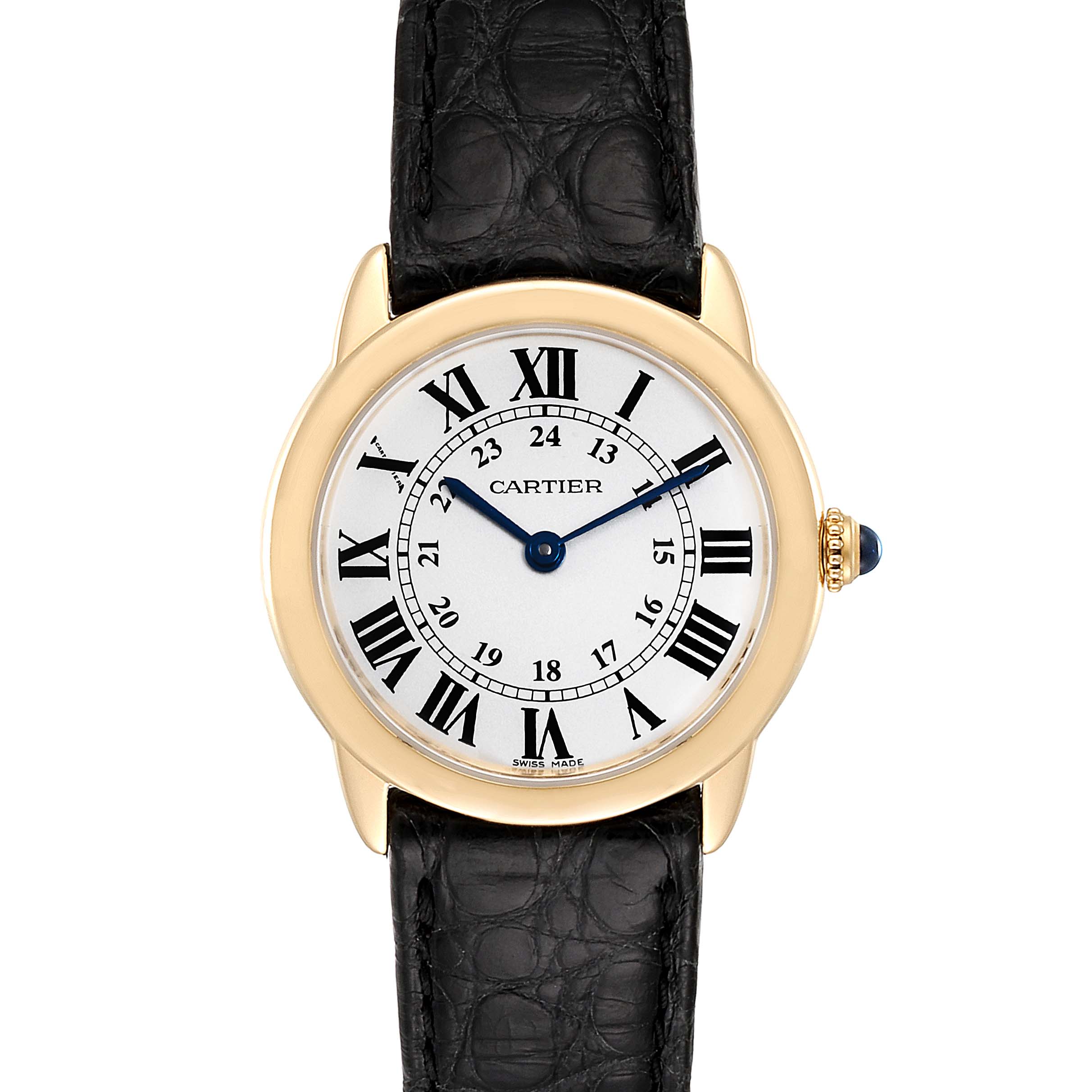 The image shows a front-facing view of a Cartier Ronde W6700355  Women's Yellow Gold Silver Dial W6700355  Women's Yellow Gold Silver Dial model watch with a gold case, Roman numeral dial, and black leather strap.