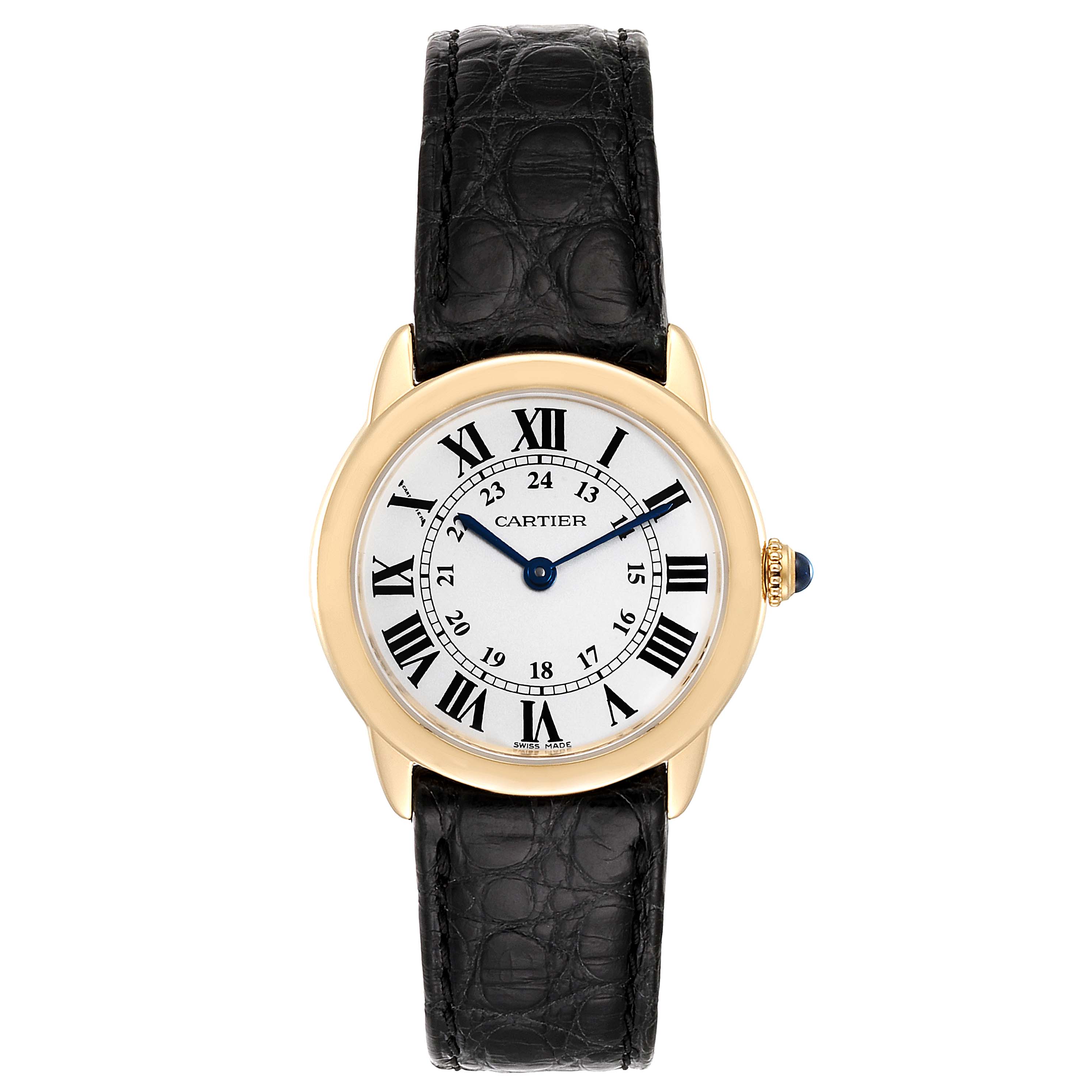 This image shows a front view of the Cartier Ronde W6700355  Women's Yellow Gold Silver Dial W6700355  Women's Yellow Gold Silver Dial model watch, featuring a black leather strap and gold case with Roman numeral markers.