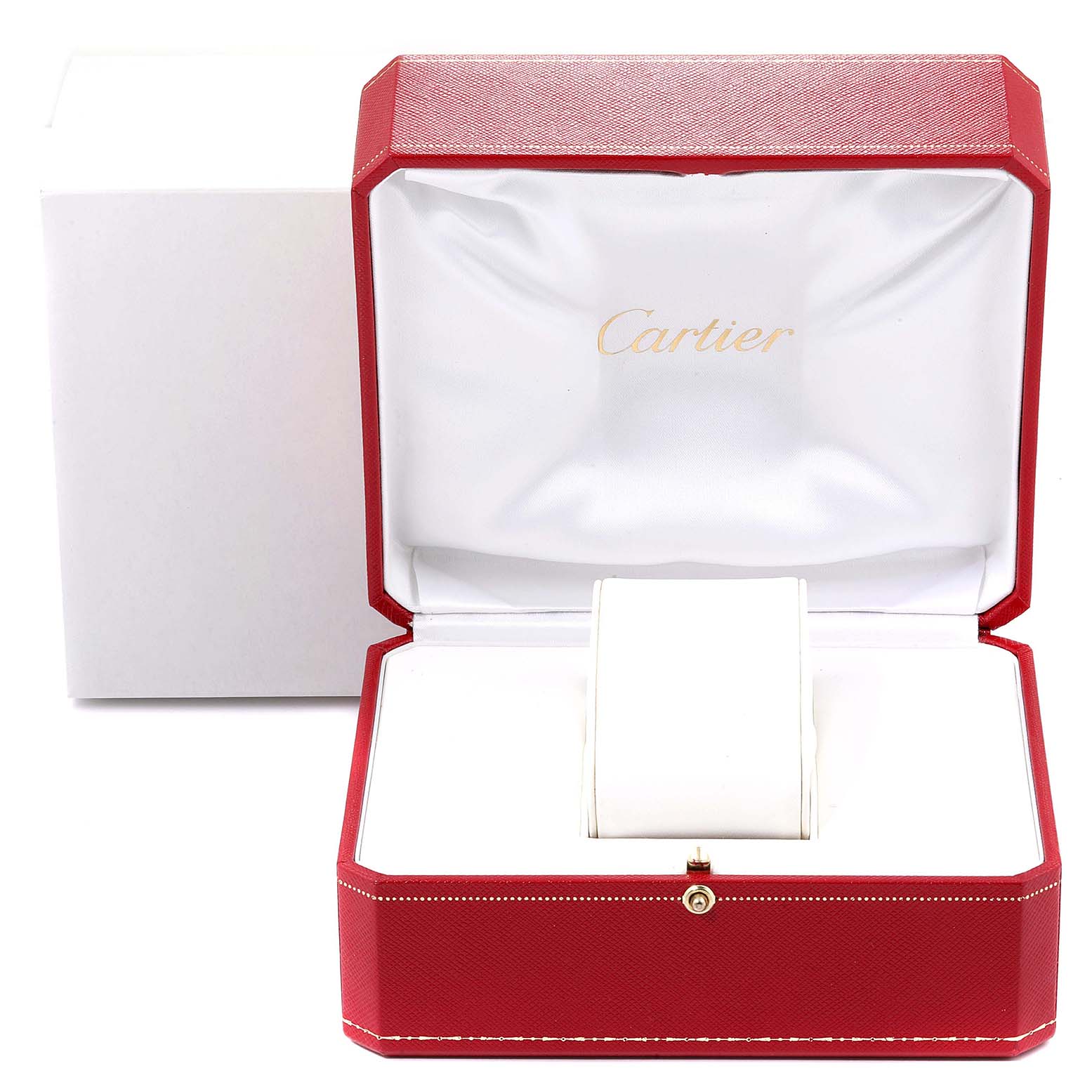 The image shows an open red Cartier watch box for a Ronde model, featuring a white interior and cushion.