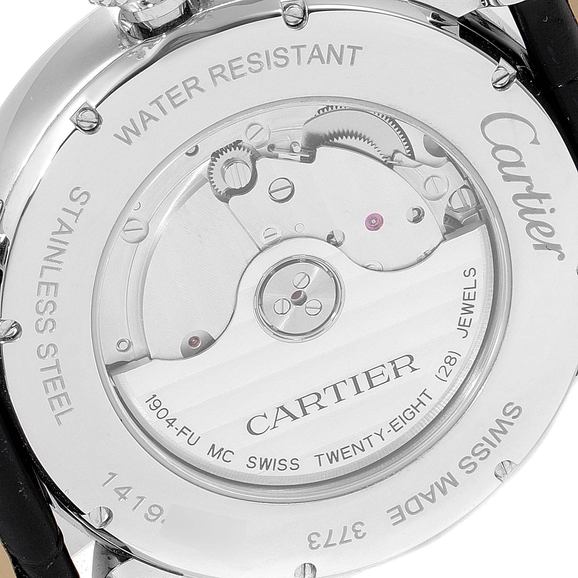 The image shows the back view of the Cartier Rotonde W6700255 Men's Stainless Steel Silver Dial W6700255 Men's Stainless Steel Silver Dial watch, highlighting its movement and engravings.