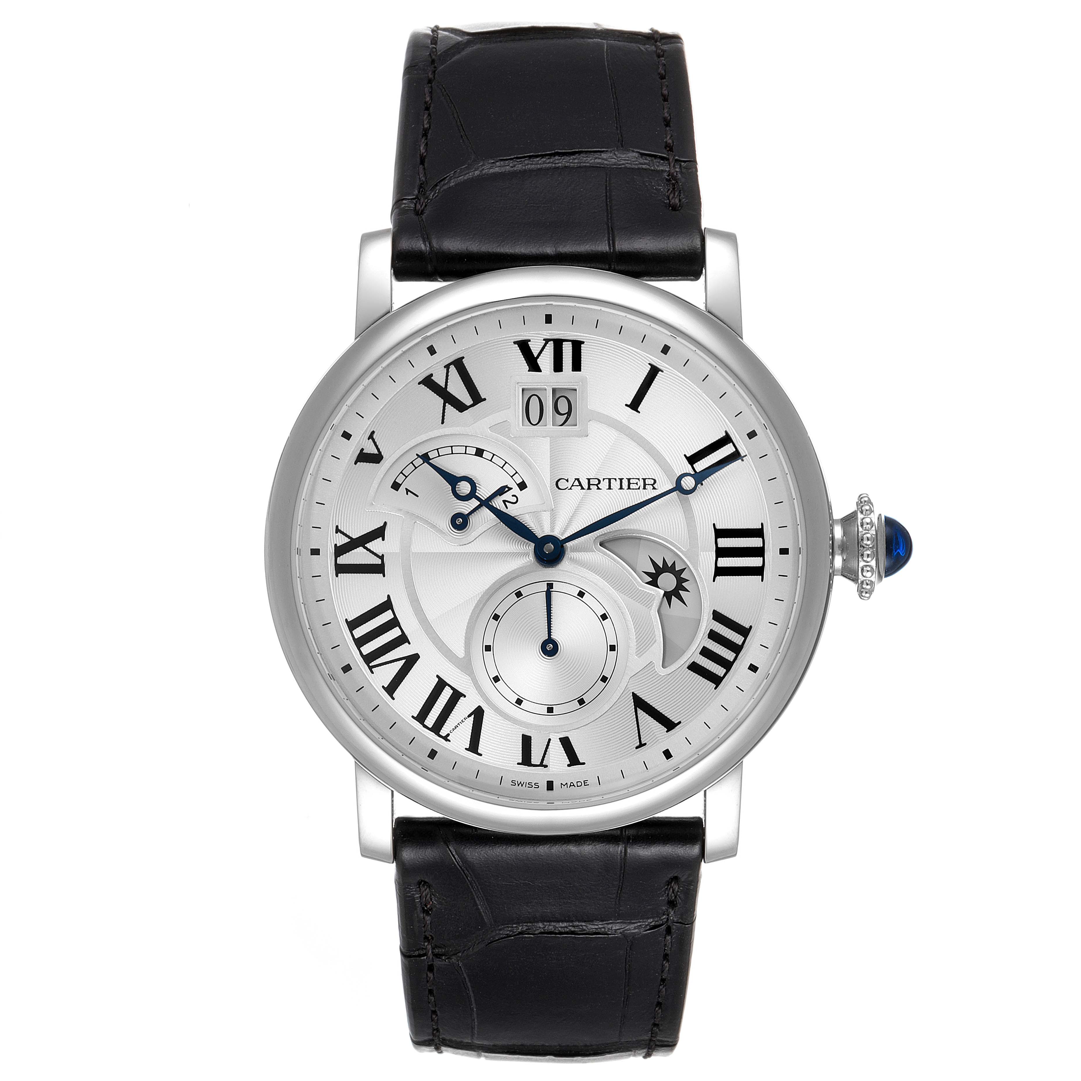 The image displays a Cartier Rotonde W6700255 Men's Stainless Steel Silver Dial W6700255 Men's Stainless Steel Silver Dial watch, showcasing its face, Roman numeral dial, sub-dials, and black leather strap from a front angle.
